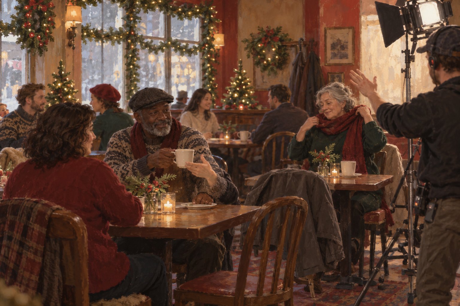 Editorial illustration of performers exchanging a cup and adjusting a scarf while a crew member directs a Christmas cafe scene.