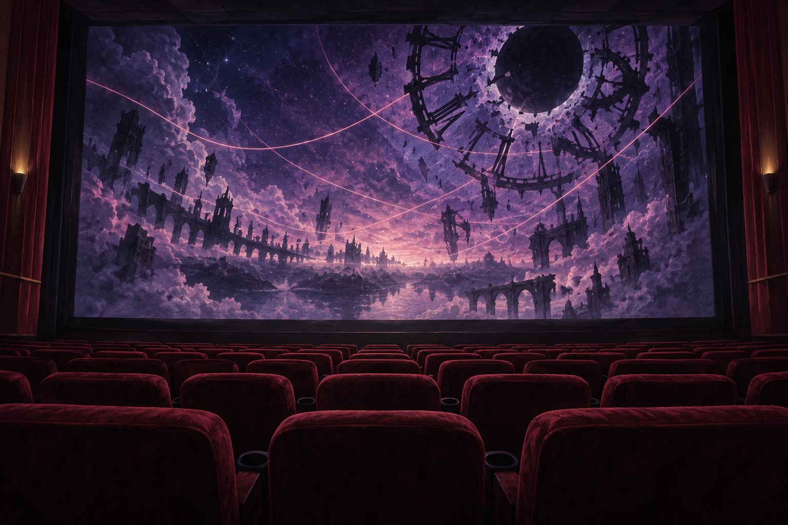 An illustrated empty movie theater faces a violet fantasy skyline filled with broken clock shapes and glowing pink threads.