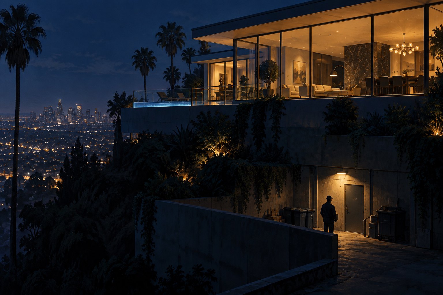 Conceptual illustration of a Los Angeles hillside mansion at night, with a lone figure outside a service entrance below its illuminated living room.