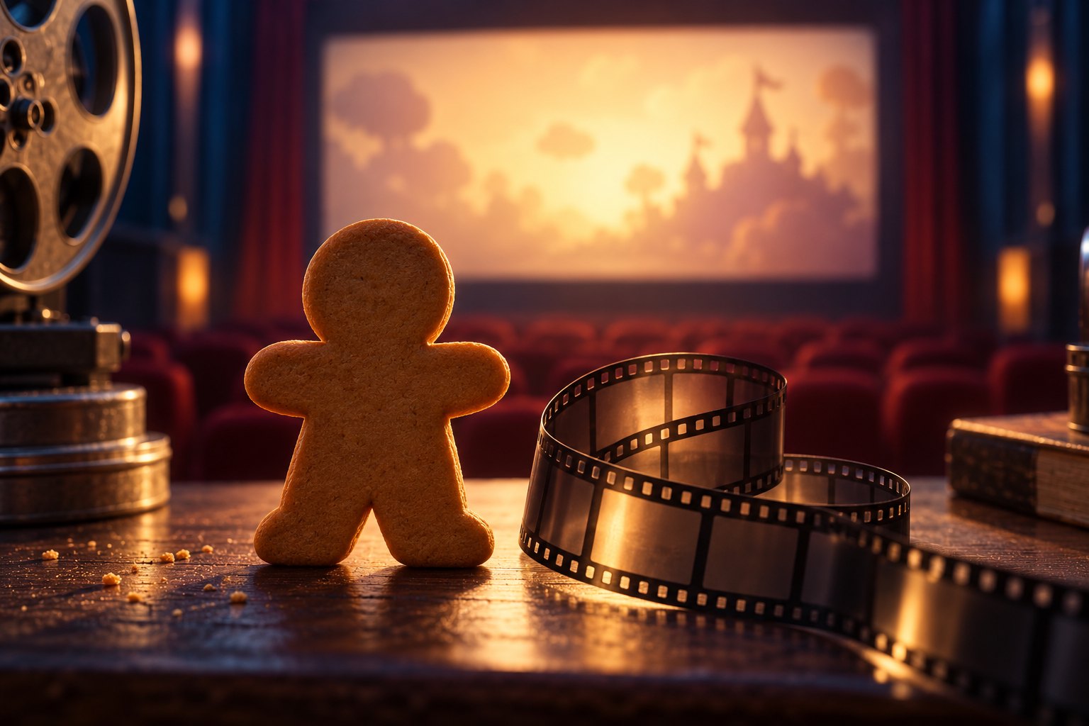 Conceptual illustration of a gingerbread figure beside curling film strips in a warmly lit movie theater.