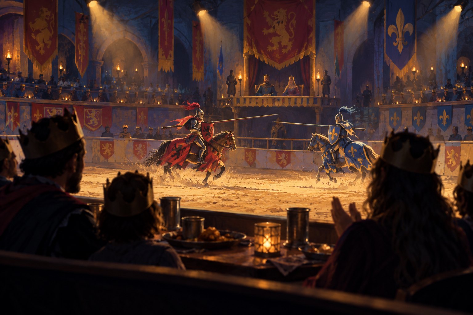Conceptual illustration of diners watching two armored riders compete in a warmly lit medieval tournament arena.