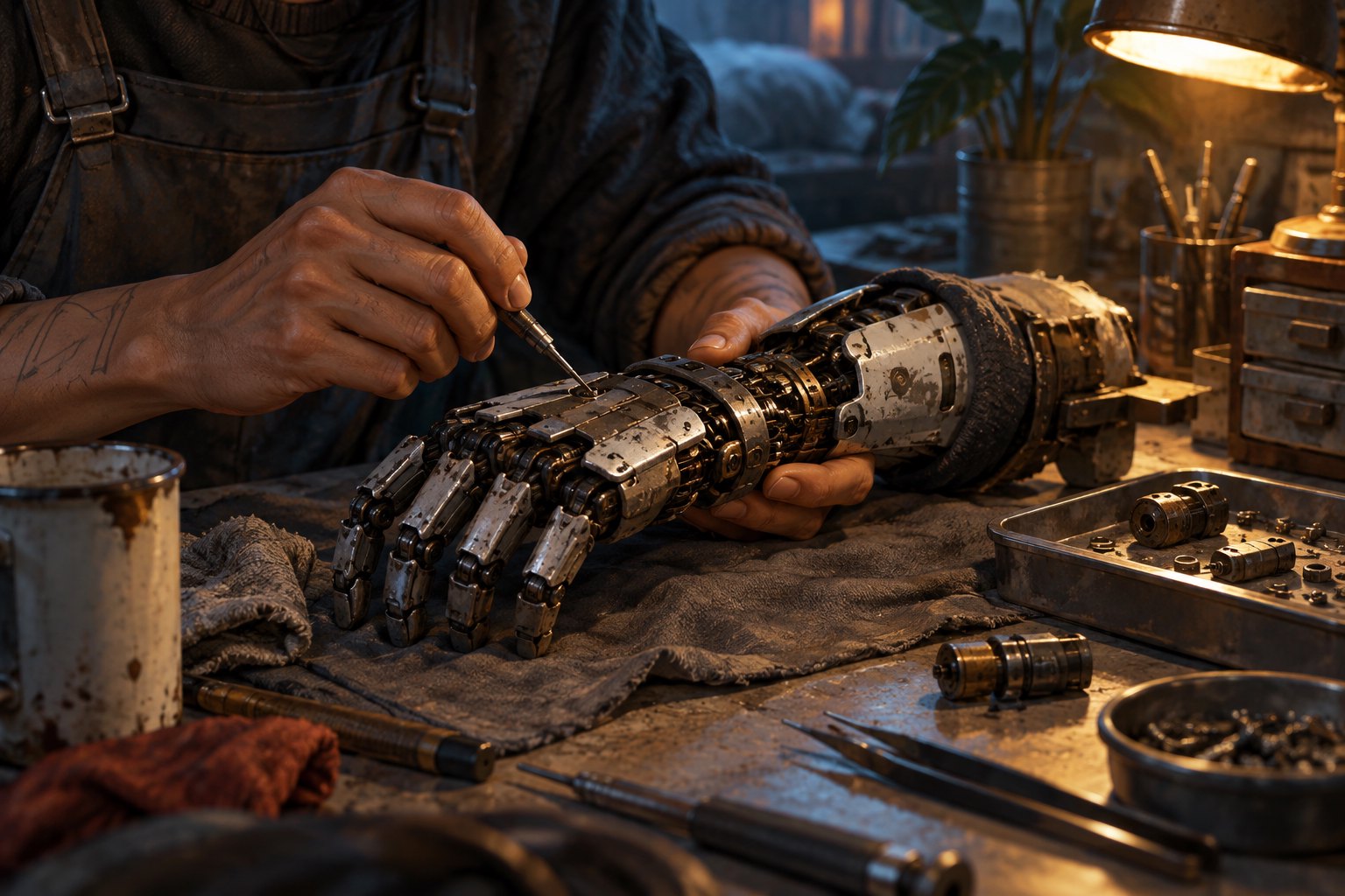 Speculative editorial illustration of a technician repairing a worn mechanical hand under a warm workbench lamp.
