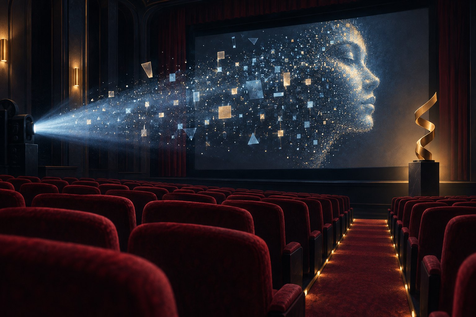 Conceptual illustration of a luminous face formed from projected particles in an empty cinema beside an abstract golden sculpture.