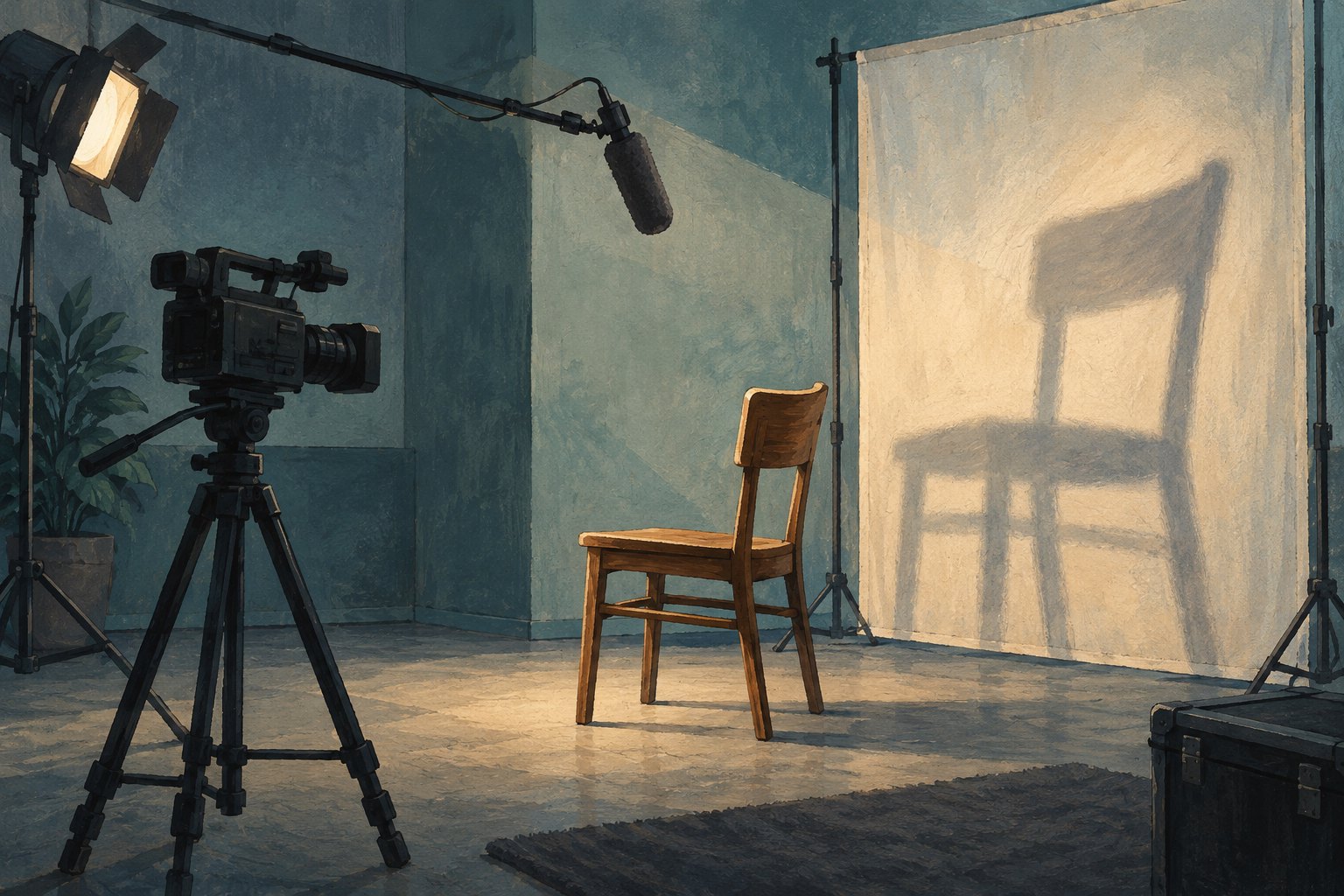 Conceptual illustration of an empty interview chair facing a camera beneath a boom microphone, with its shadow on a lit backdrop.