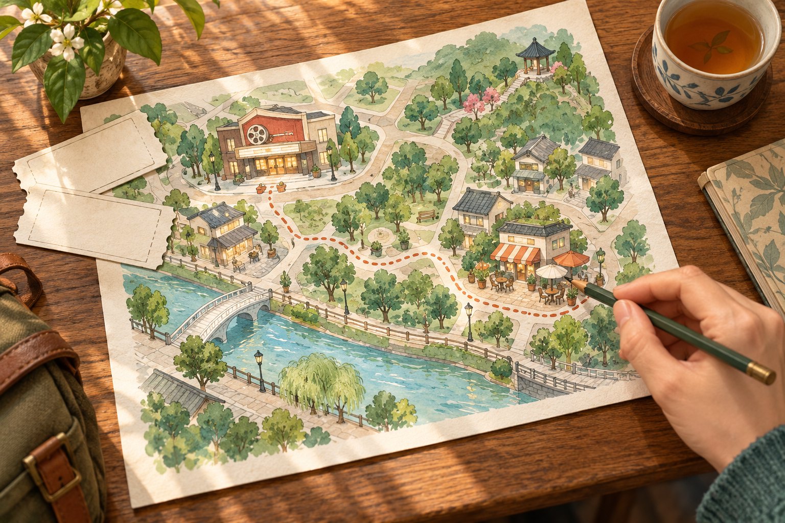 概念插画：木桌上的无字地图串联影院、餐馆与河边步道，一只手用铅笔指向游览路线。