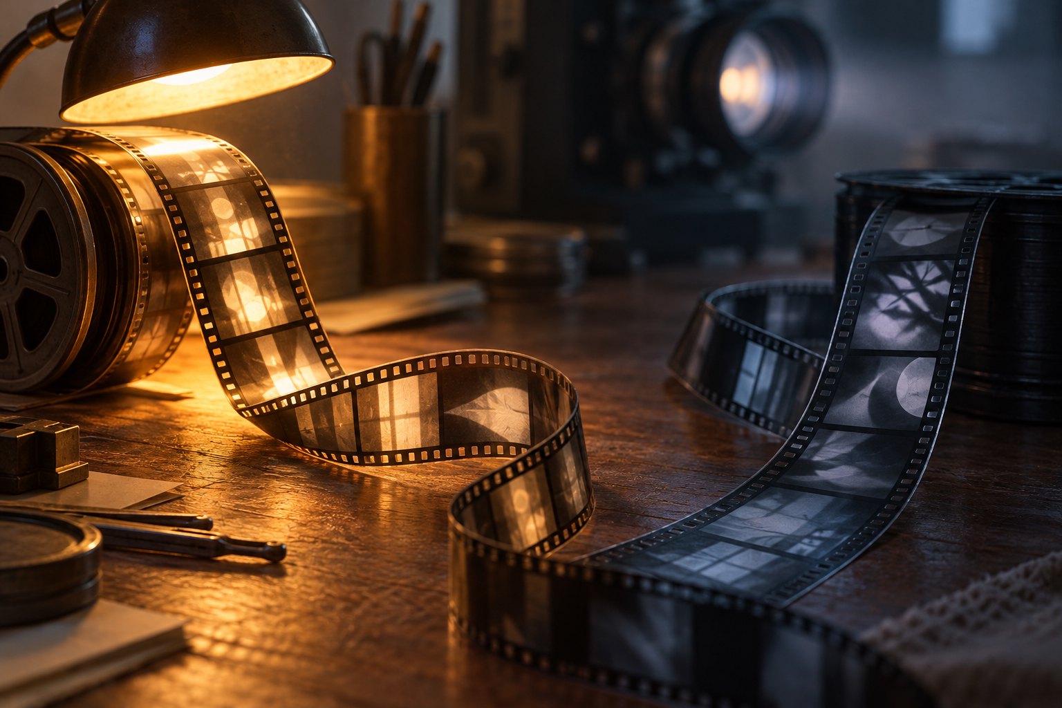 Conceptual illustration of unspooling film strips on a wooden editing desk, divided between warm lamplight and cool shadow.