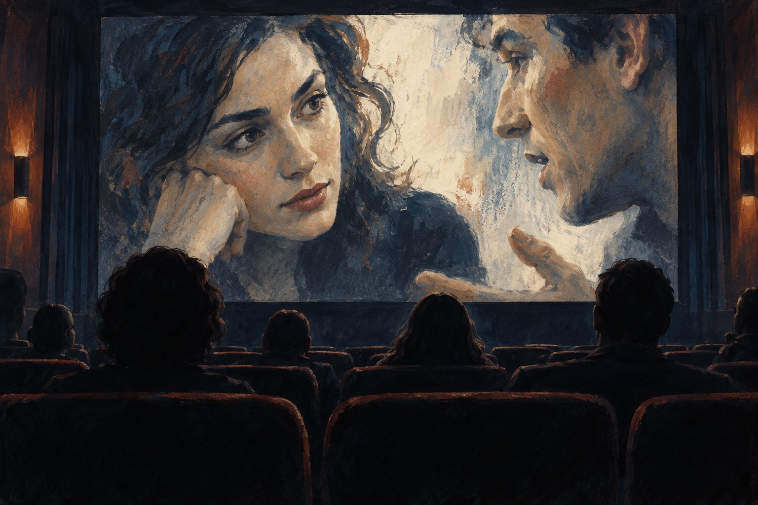 Conceptual illustration of cinema viewers watching two fictional characters converse in close-up on a large screen.