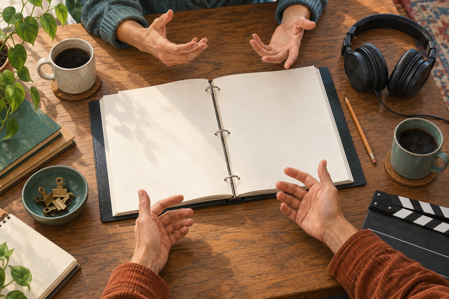 Conceptual illustration of two people discussing an open blank binder at a production table with headphones and coffee.