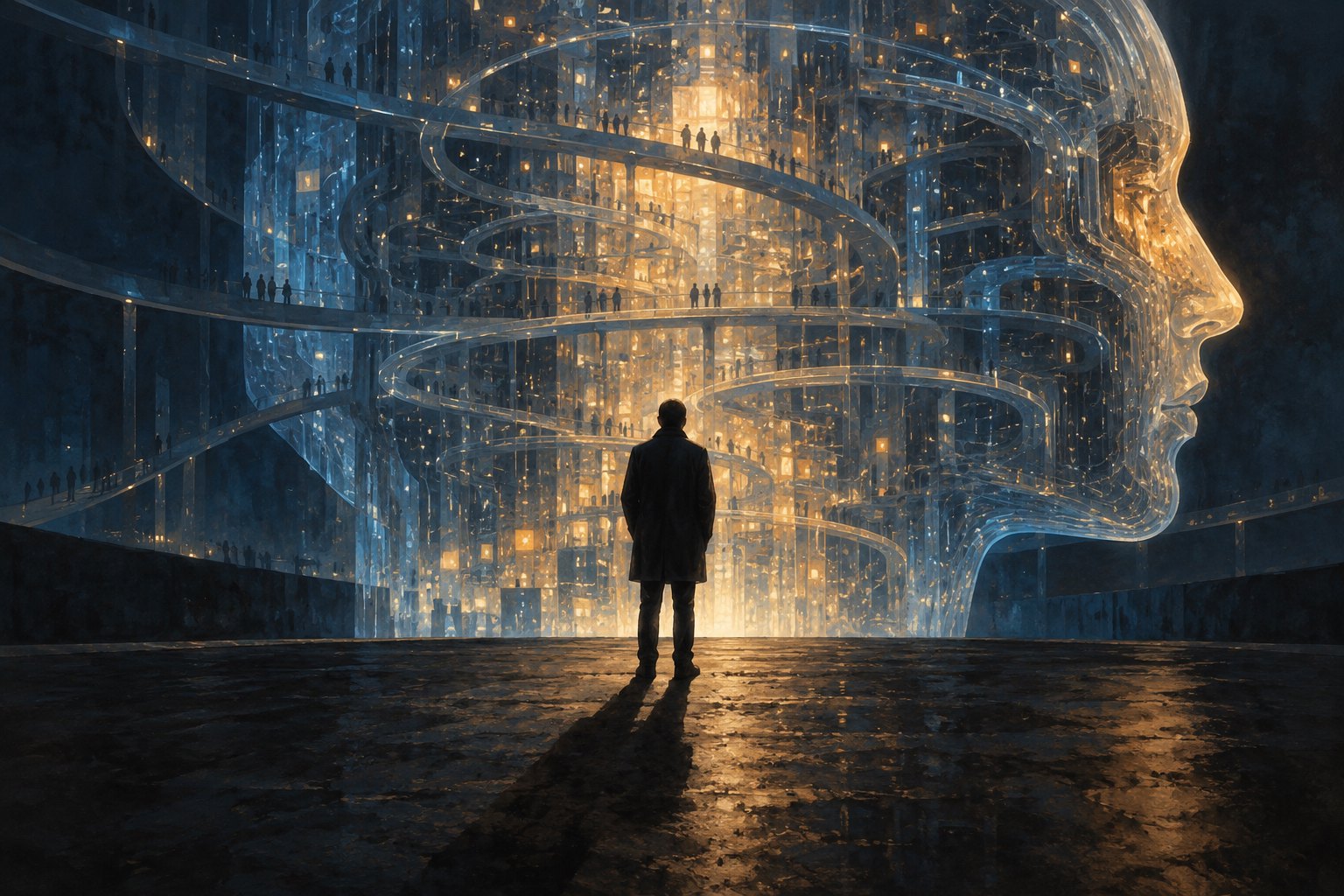 Conceptual illustration of a solitary person facing a towering illuminated human profile filled with circuitry and tiny figures.