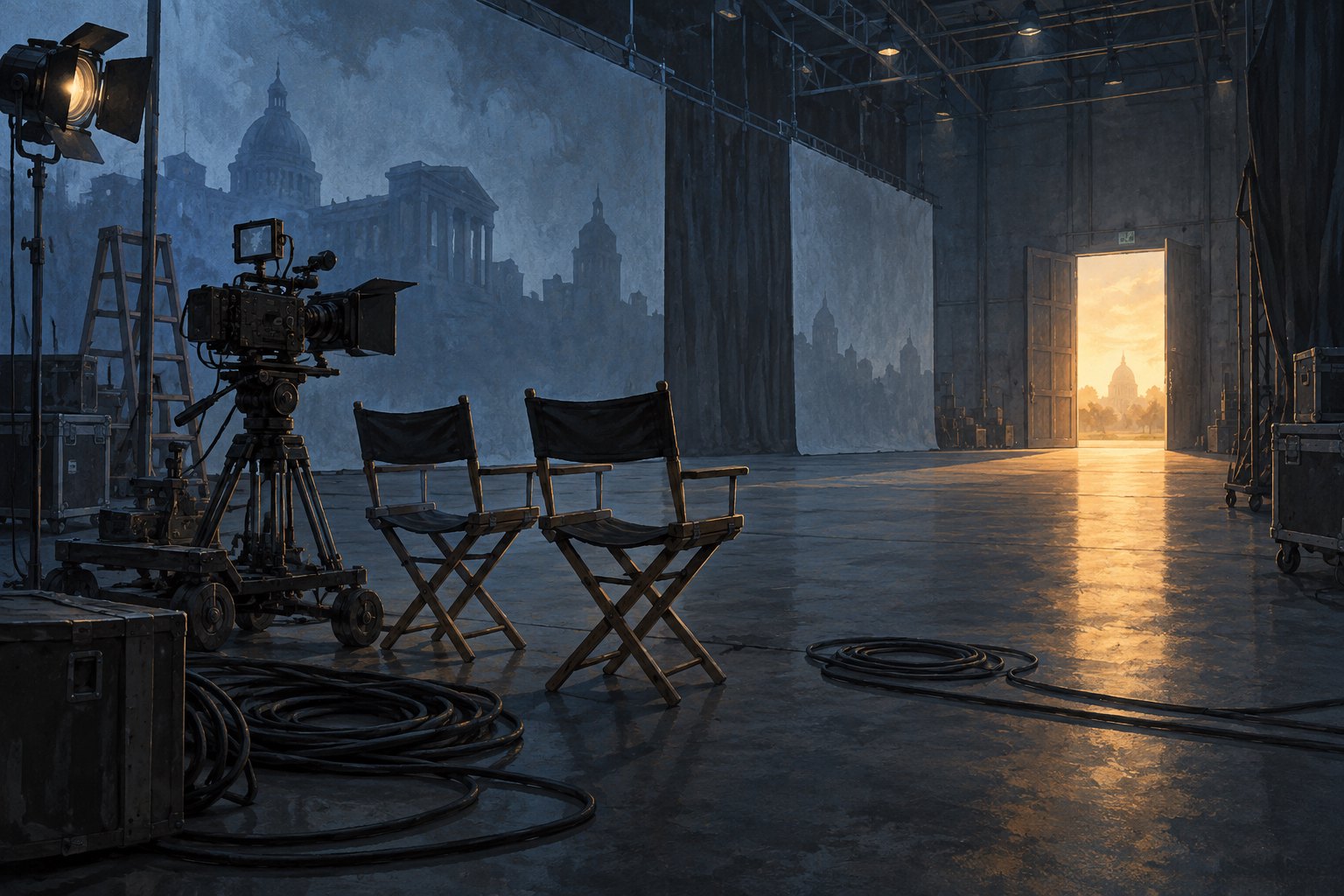 Editorial illustration of empty crew chairs beside a cinema camera on a dark soundstage with an illuminated doorway.