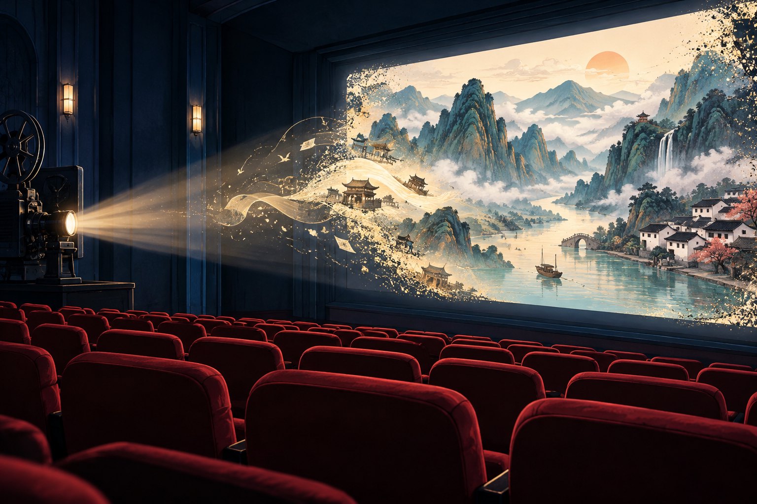 电影文旅主题概念插画:暗红色影院座椅前,放映光束照亮呈现山水与河流的银幕