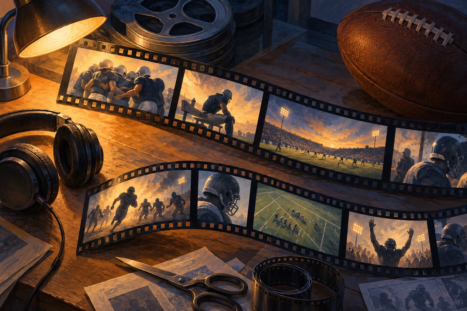 Conceptual illustration of football scenes on film strips spread across an editing table with headphones and a football.