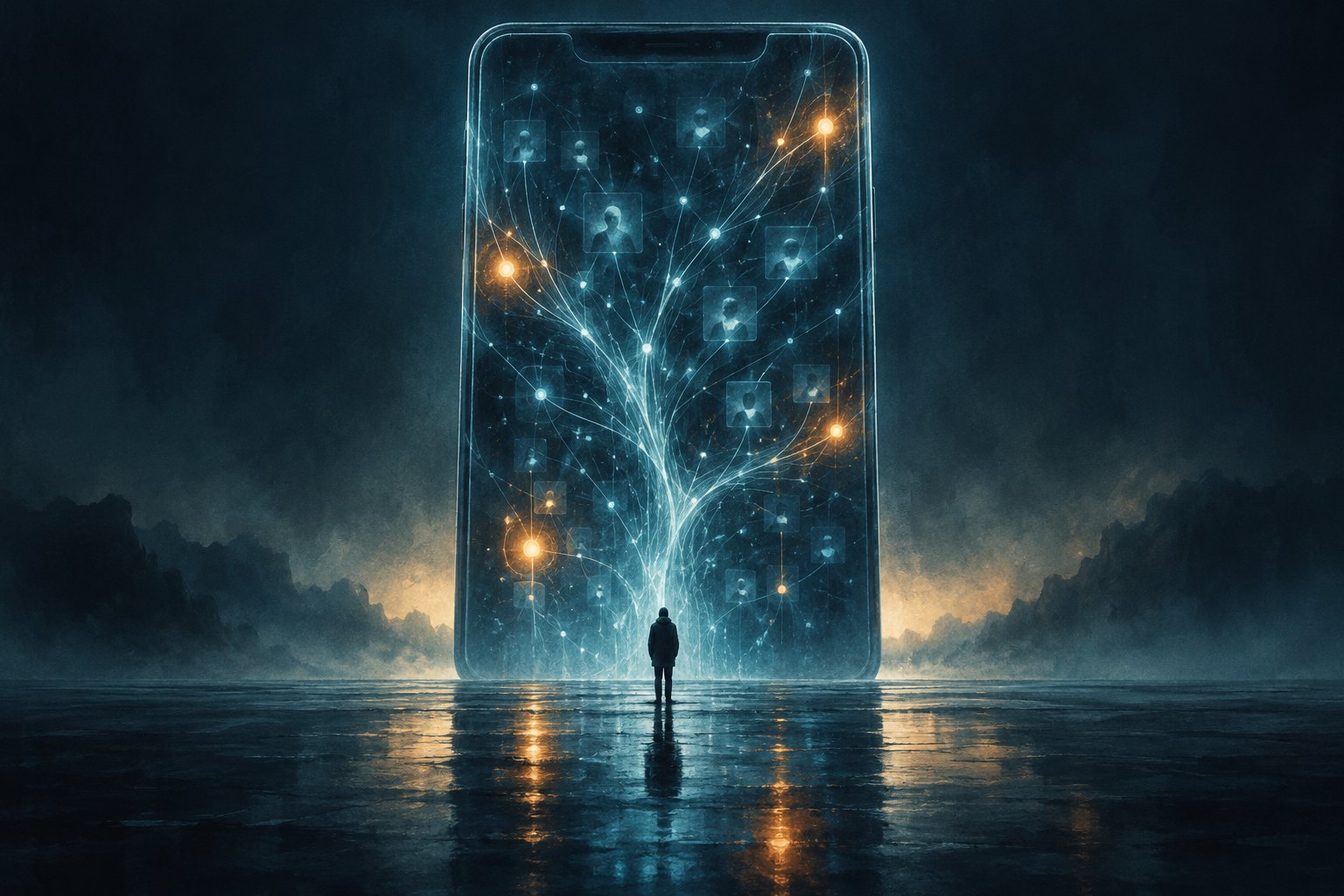 Conceptual illustration of a lone figure facing a towering smartphone filled with glowing blue connections and amber lights.