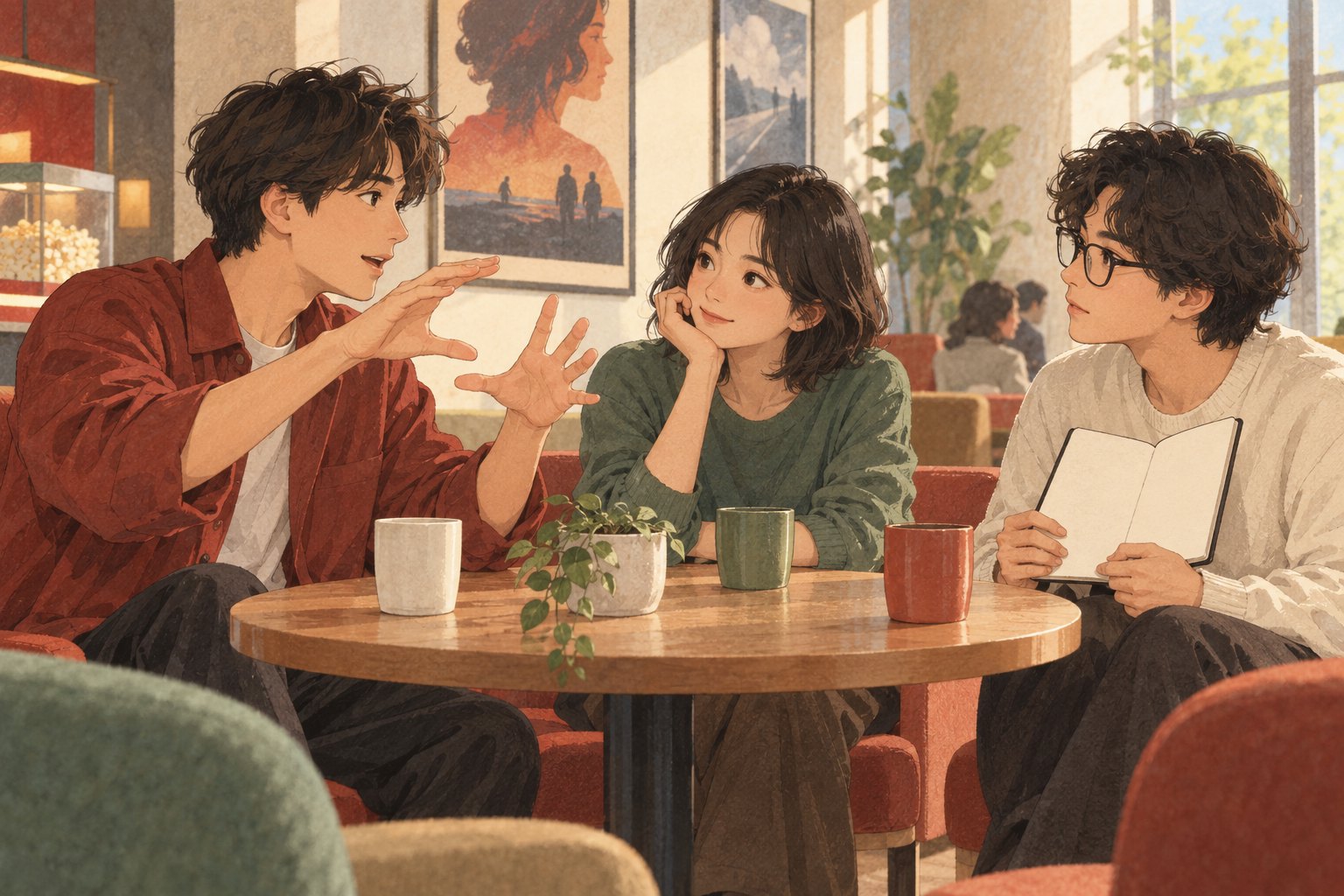 概念插画：三位年轻观众在影院休息区围桌交流，一人手持空白笔记本