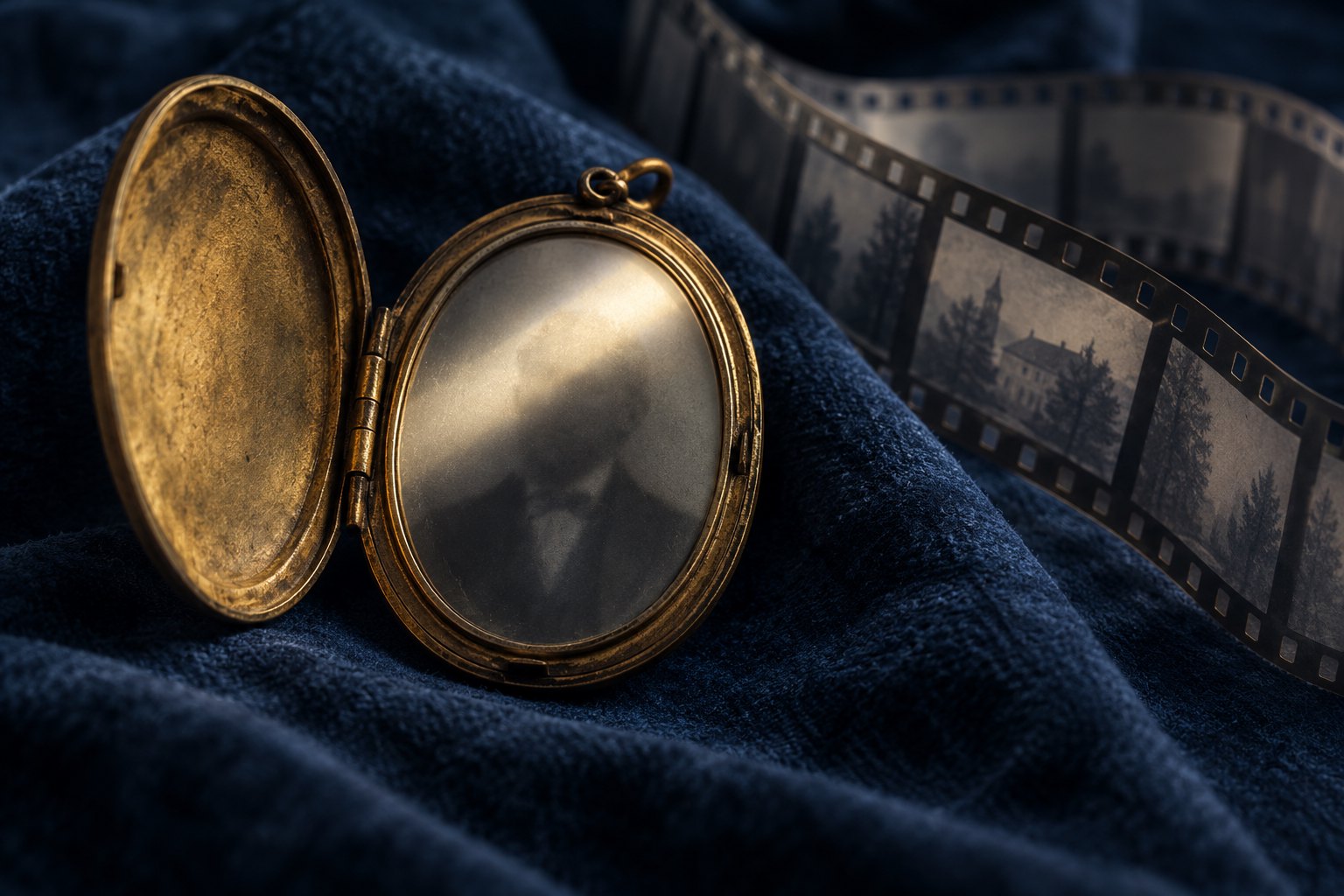 Conceptual illustration of an open antique locket with an obscured portrait beside a filmstrip on dark blue cloth.