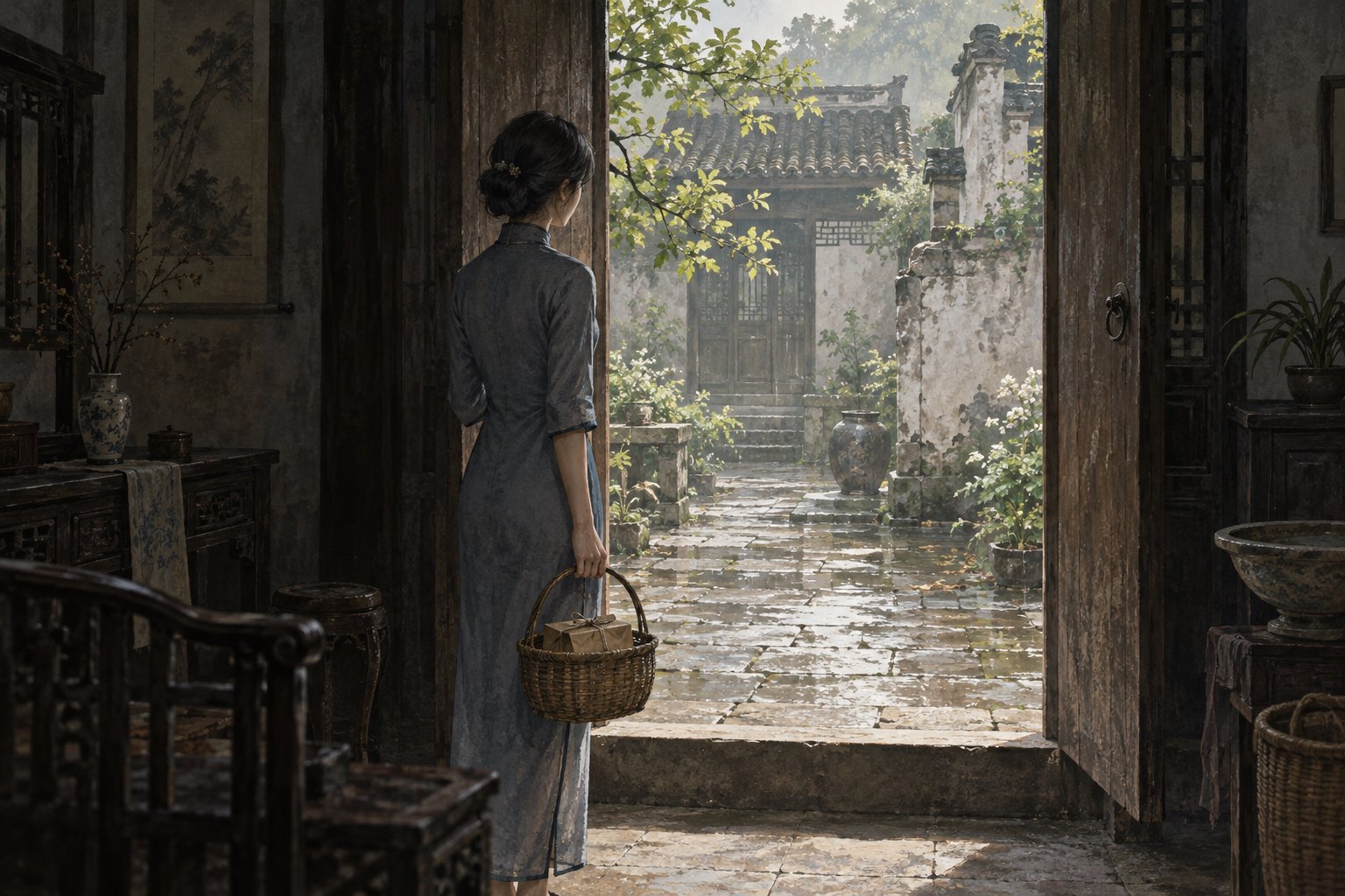 原创意象插画：提着菜篮和药包的女子停在旧宅门槛内，望向透着春光的庭院
