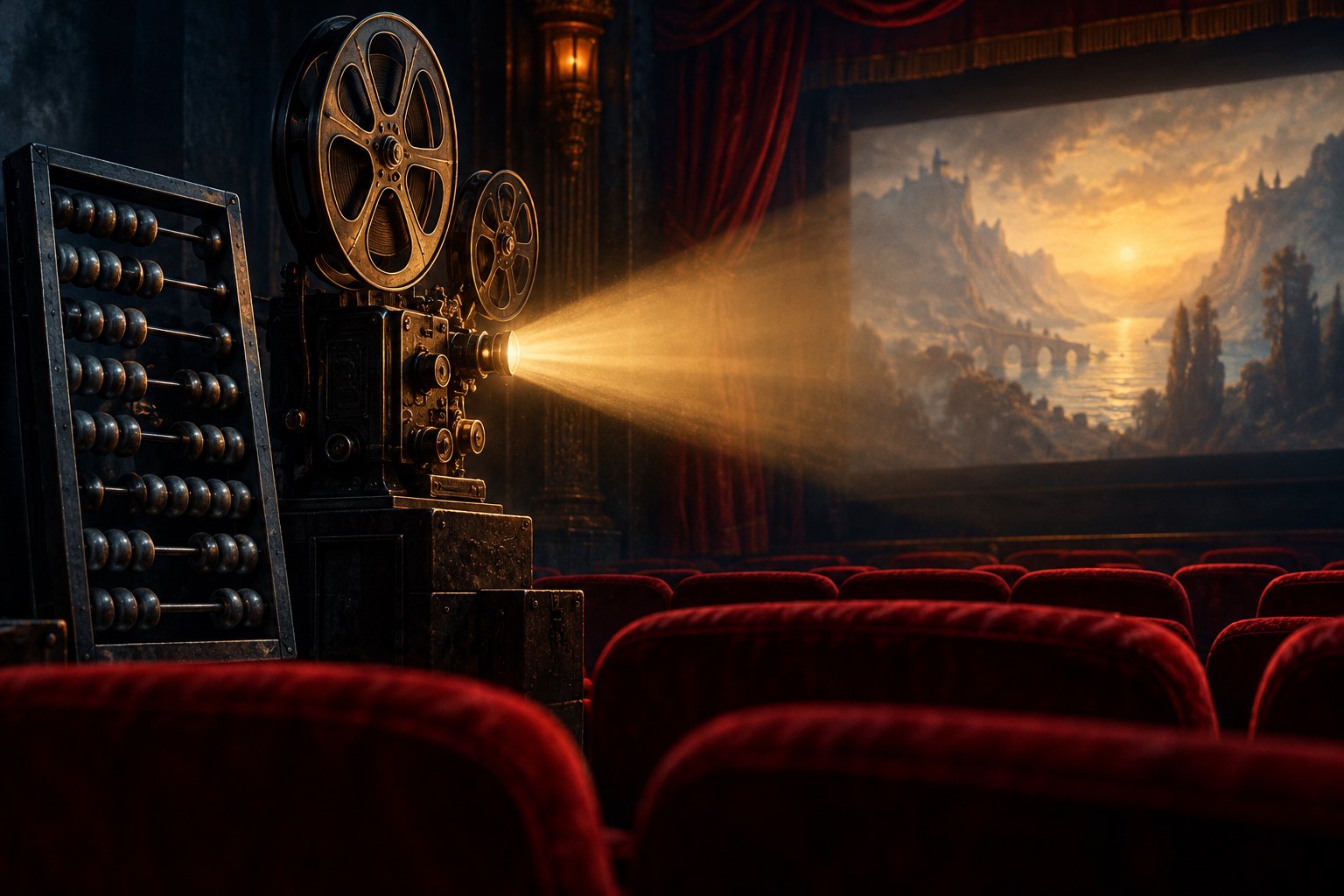 An illustrated film projector casts golden light across red theater seats beside an abacus in shadow.