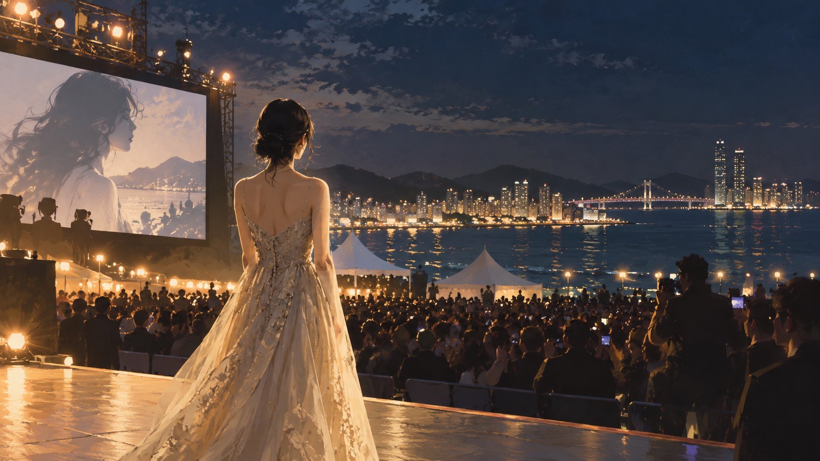 海濱夜色中，女性表演者背對視角面向舞台前的人群，呈現影展應援氛圍的情境插畫，非活動實景