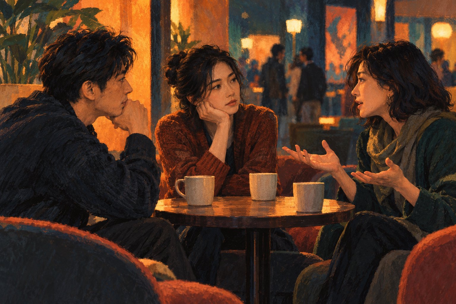 三位成年观众围坐影院休息区的小圆桌,交流观影感受的原创插画