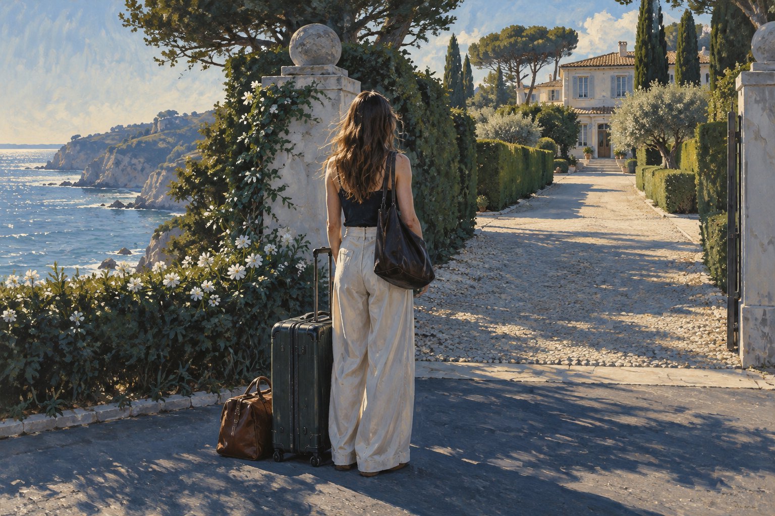 Conceptual illustration of a young woman with luggage looking toward a coastal estate behind manicured hedges.