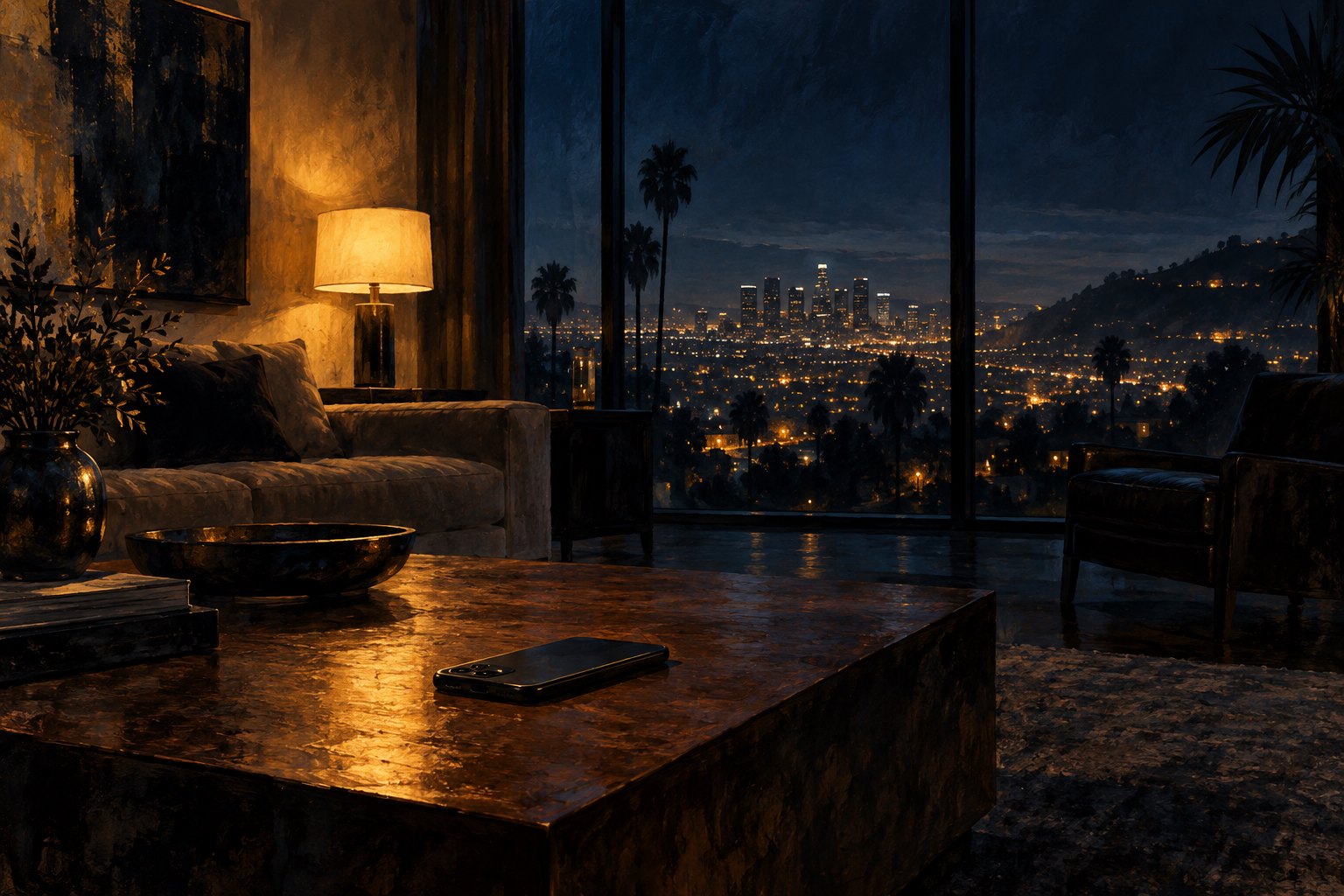 Noir-style conceptual illustration of a phone on a table in a dim living room overlooking Los Angeles at night.