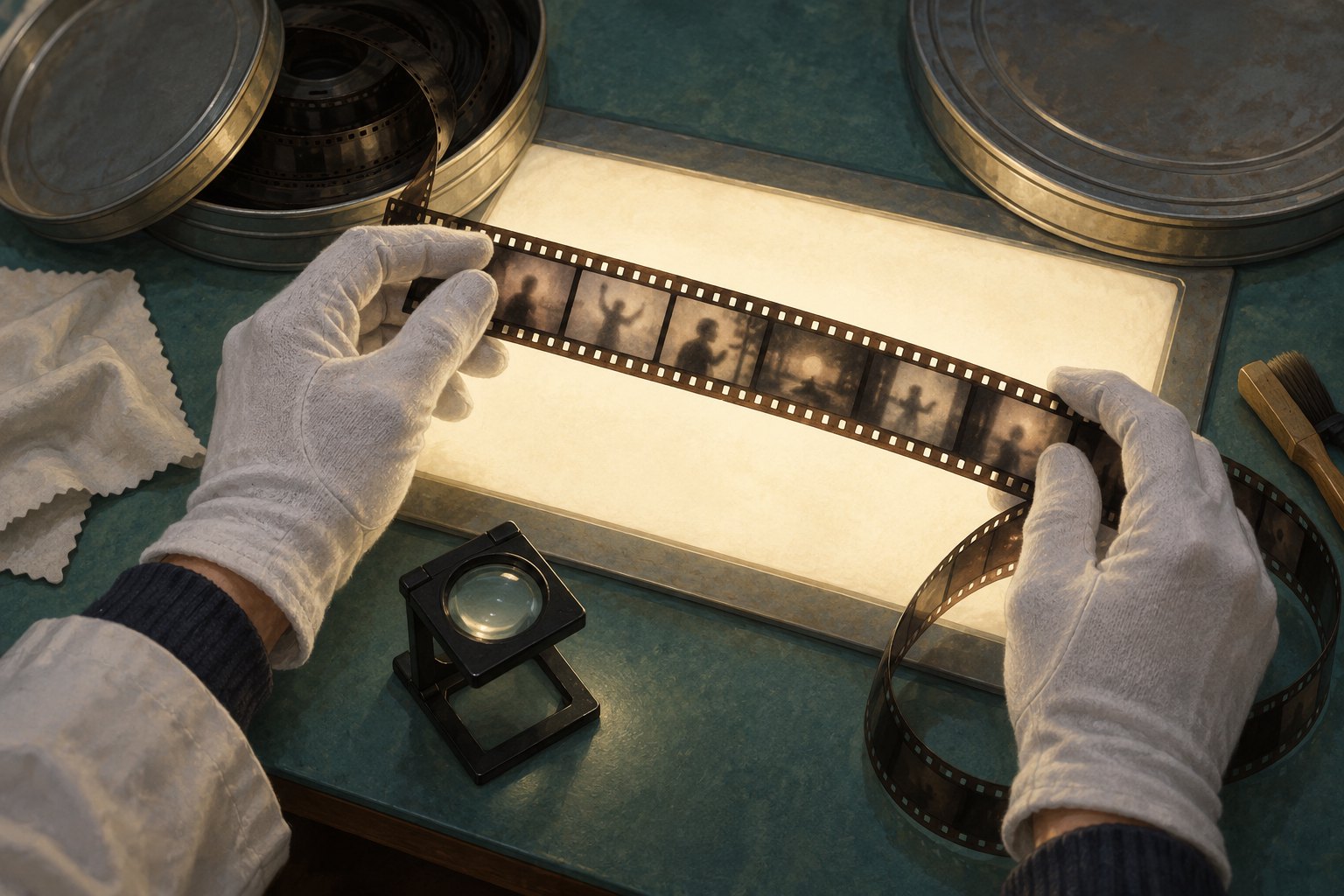Illustration of gloved hands examining a film strip on an illuminated table beside metal film cans and a magnifying loupe.