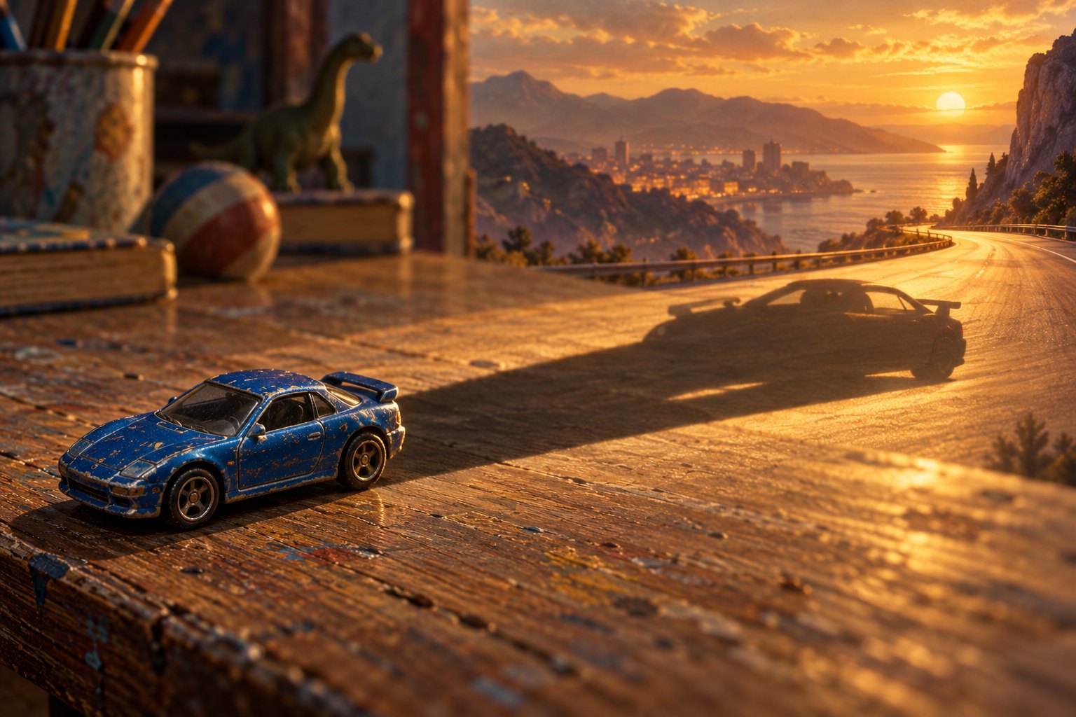 Conceptual illustration of a blue toy sports car casting a full-sized car shadow toward a sunset coastal road.