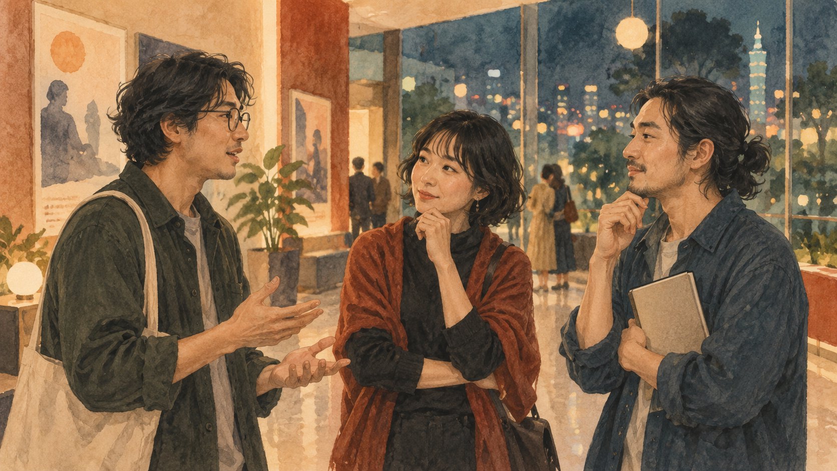 三名觀眾在散場後的明亮大廳交換觀影感受的情境插畫，非活動現場紀錄