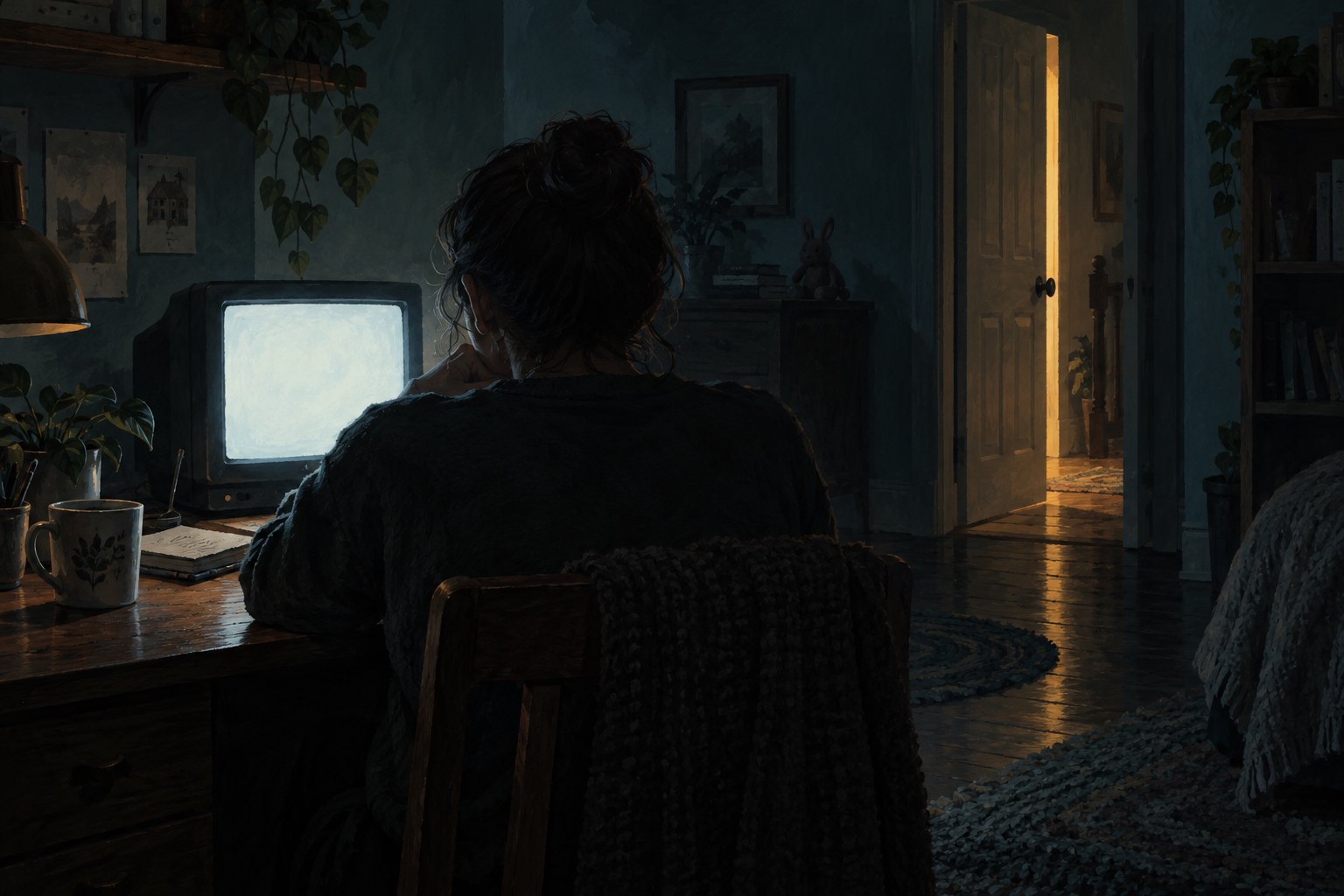 Conceptual illustration of a person watching a glowing monitor while a partially open doorway casts warm light behind them.