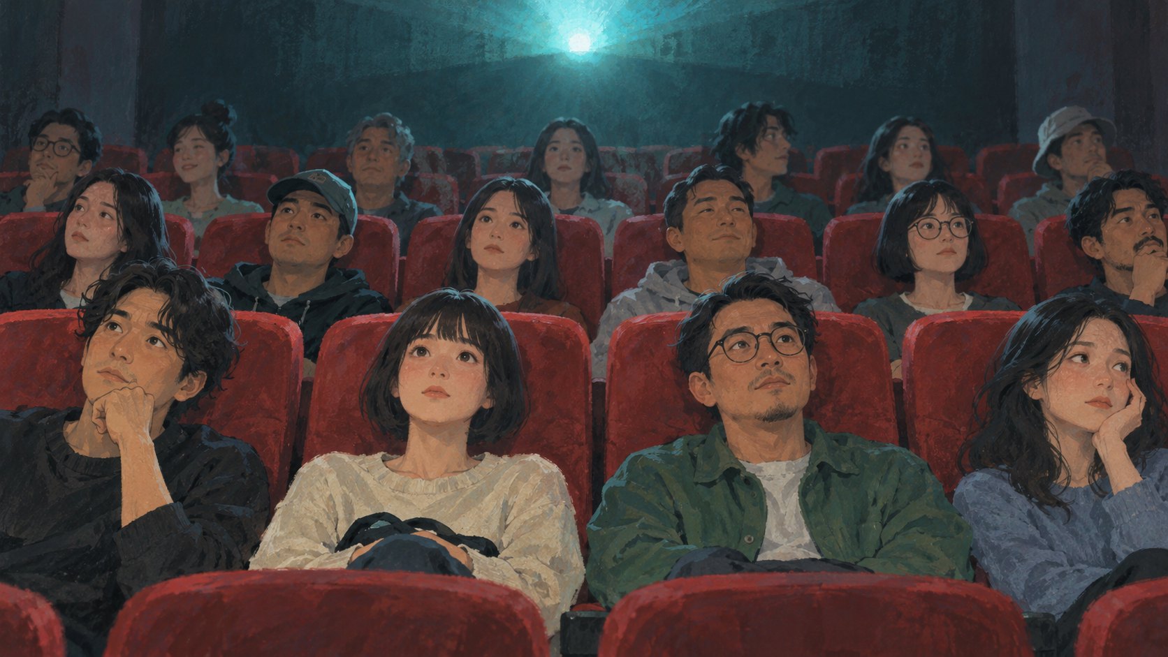銀幕光線映照不同神情觀眾的概念插畫，非事件現場