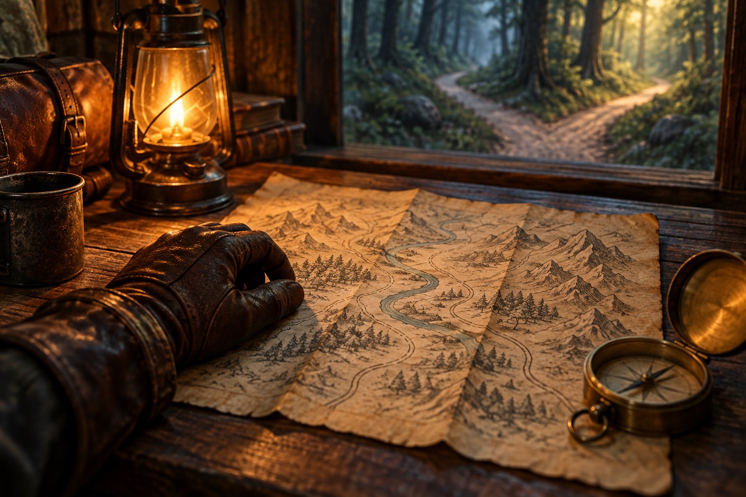 Conceptual illustration of a gloved hand over a parchment map beside a lantern and compass, with a forked woodland path beyond the window.