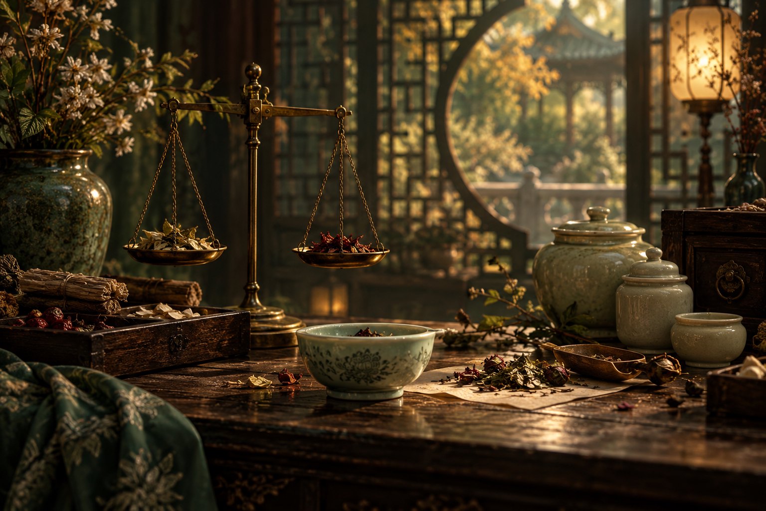 Conceptual illustration of ceramic medicine vessels, brass scales, and dried botanicals on a warmly lit wooden table.