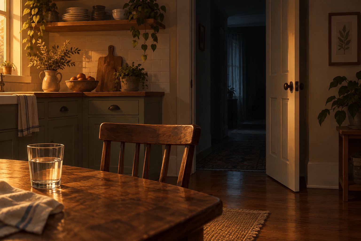 Conceptual illustration of a sunlit kitchen table and wooden chair beside an open doorway leading into shadow.