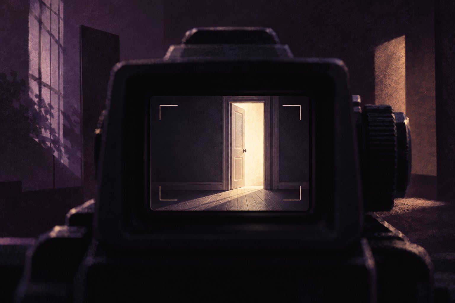 Conceptual illustration of a camera viewfinder framing an empty illuminated doorway amid deep purple shadows.