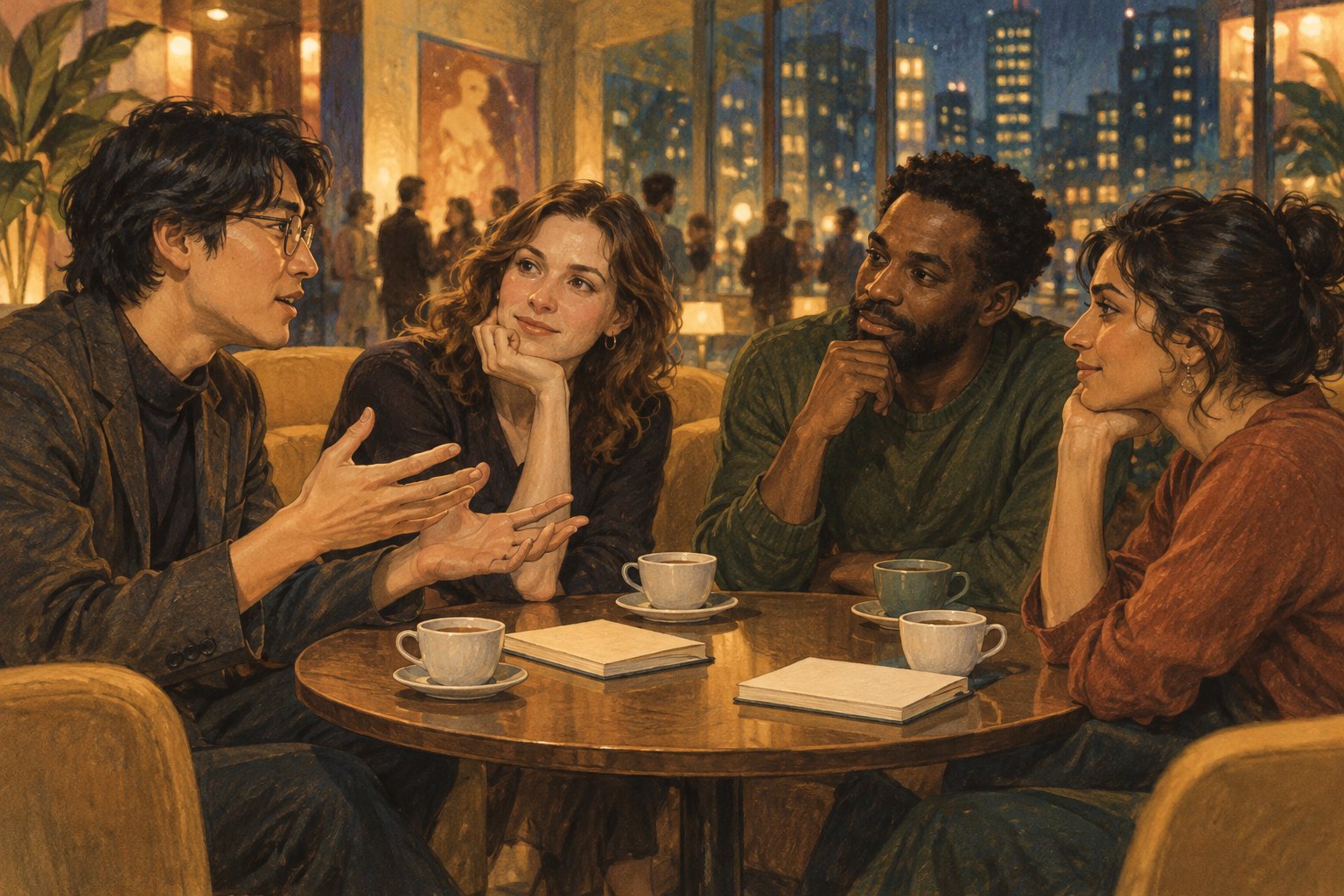 四位观众围坐影院休息区交流观影感受,原创概念插画,非电影展现场
