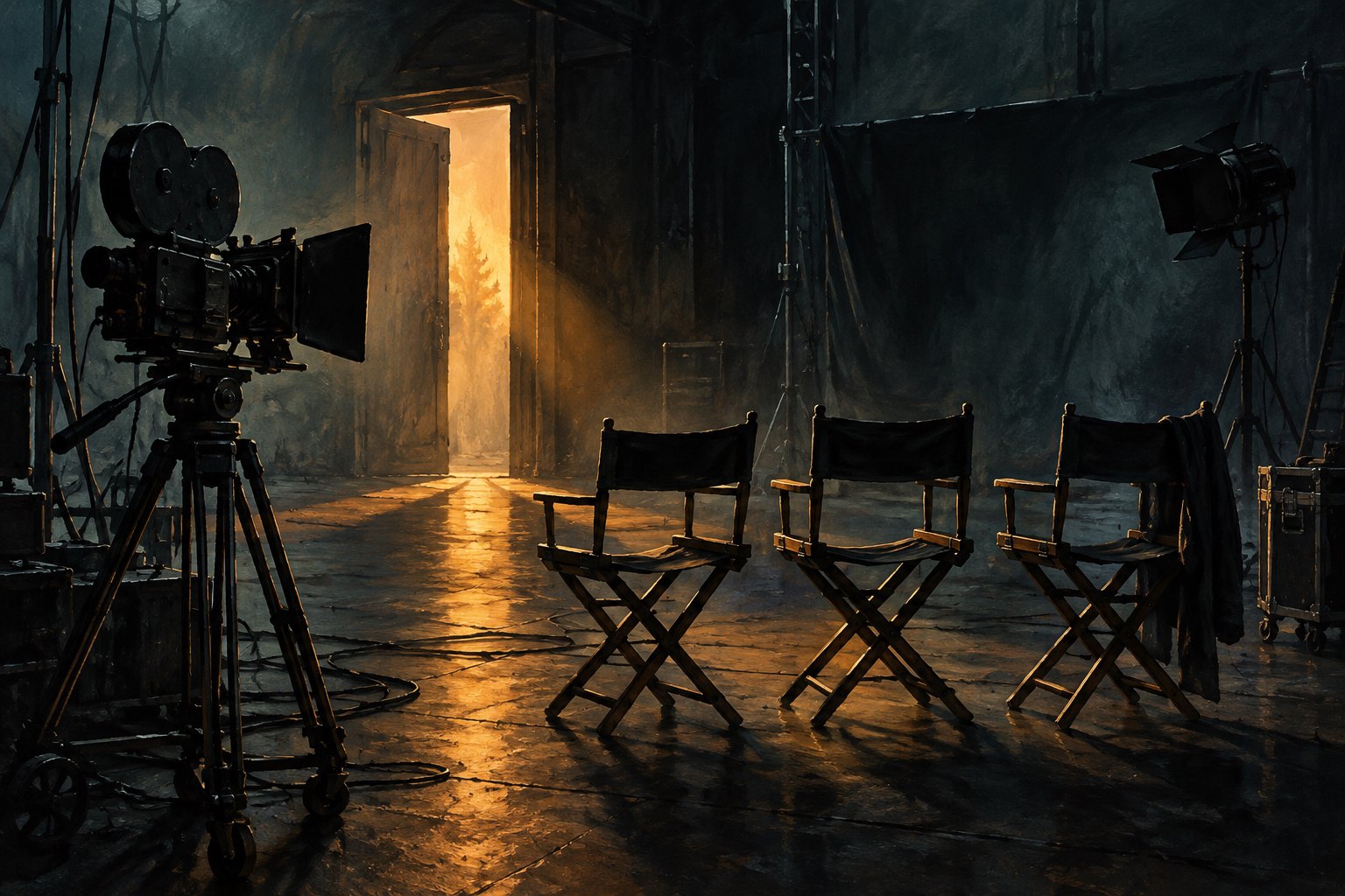 Conceptual illustration of a movie camera and three empty actors’ chairs on a shadowy soundstage illuminated by an amber doorway.
