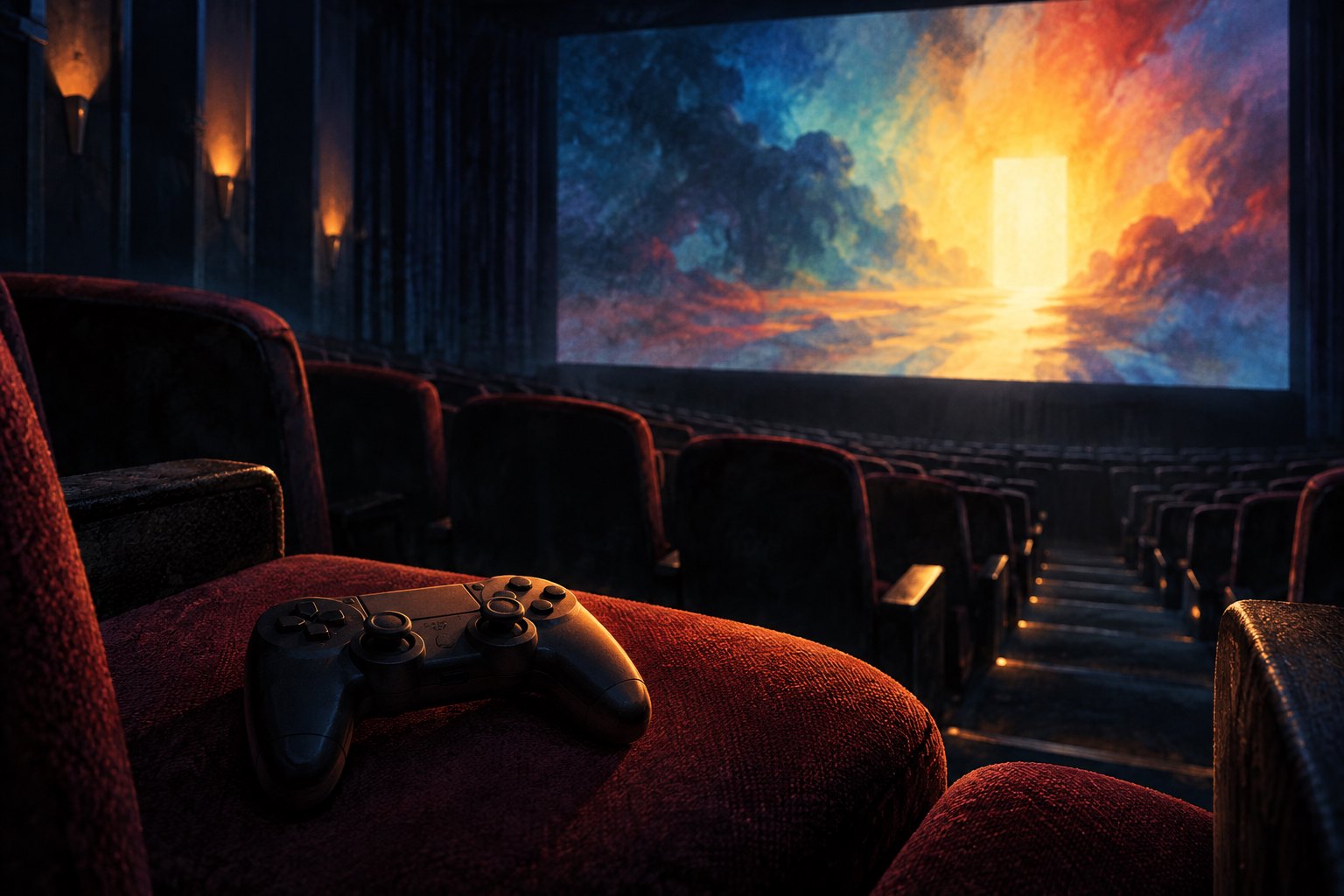 Conceptual illustration of a game controller resting on a red theater seat before a glowing cinema screen.