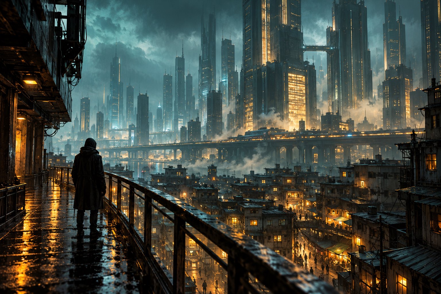 Concept illustration of a lone figure on a rain-soaked walkway overlooking a futuristic city of illuminated towers and crowded housing.