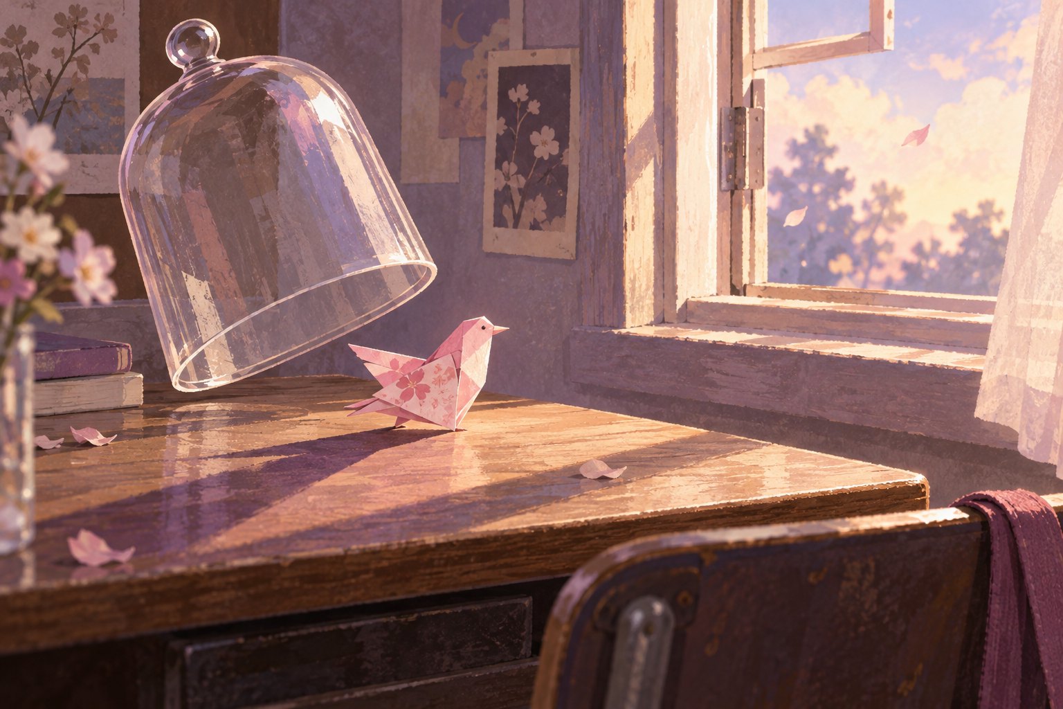 Symbolic illustration of a pink paper bird beneath a lifted glass bell jar beside an open classroom window.