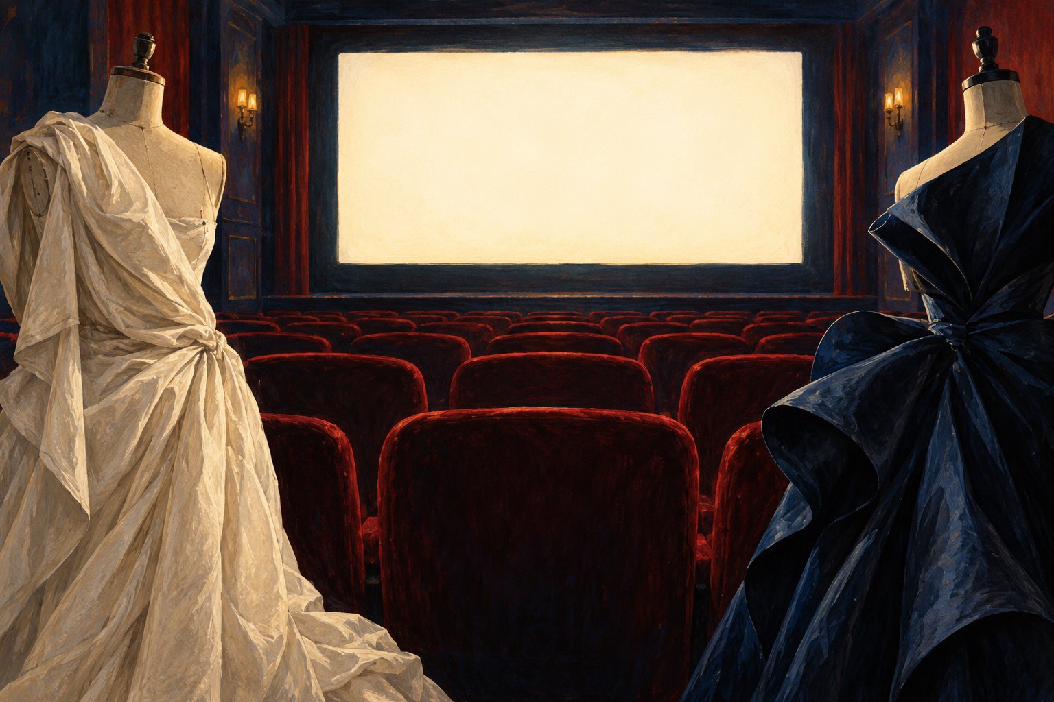 Conceptual illustration of ivory and navy fabric draped on mannequins beside empty cinema seats and a blank screen.