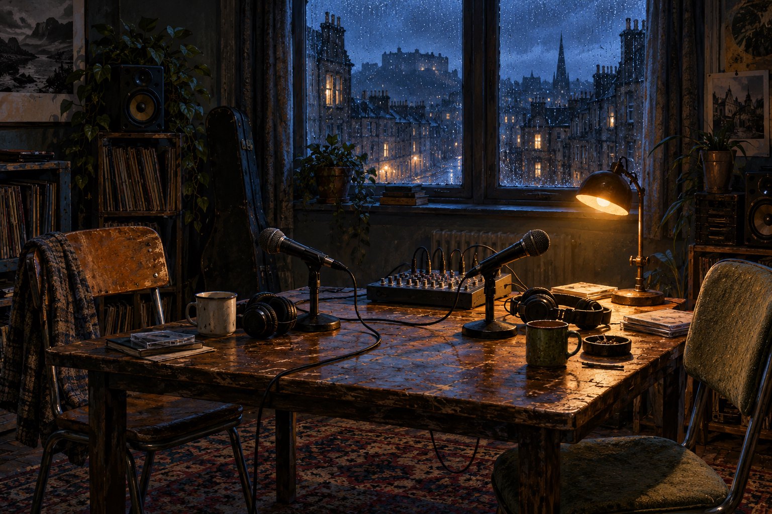 Conceptual illustration of two empty chairs and microphones in a home recording room overlooking rain-soaked Scottish buildings.