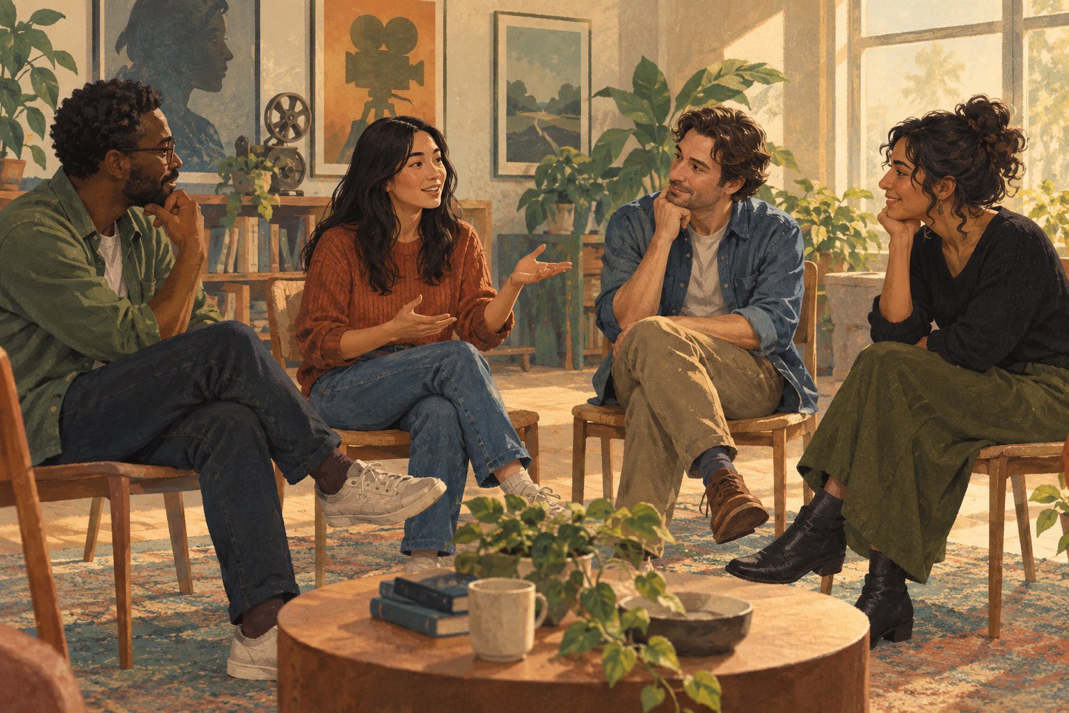 Conceptual illustration of four adults listening and talking in a sunlit room.