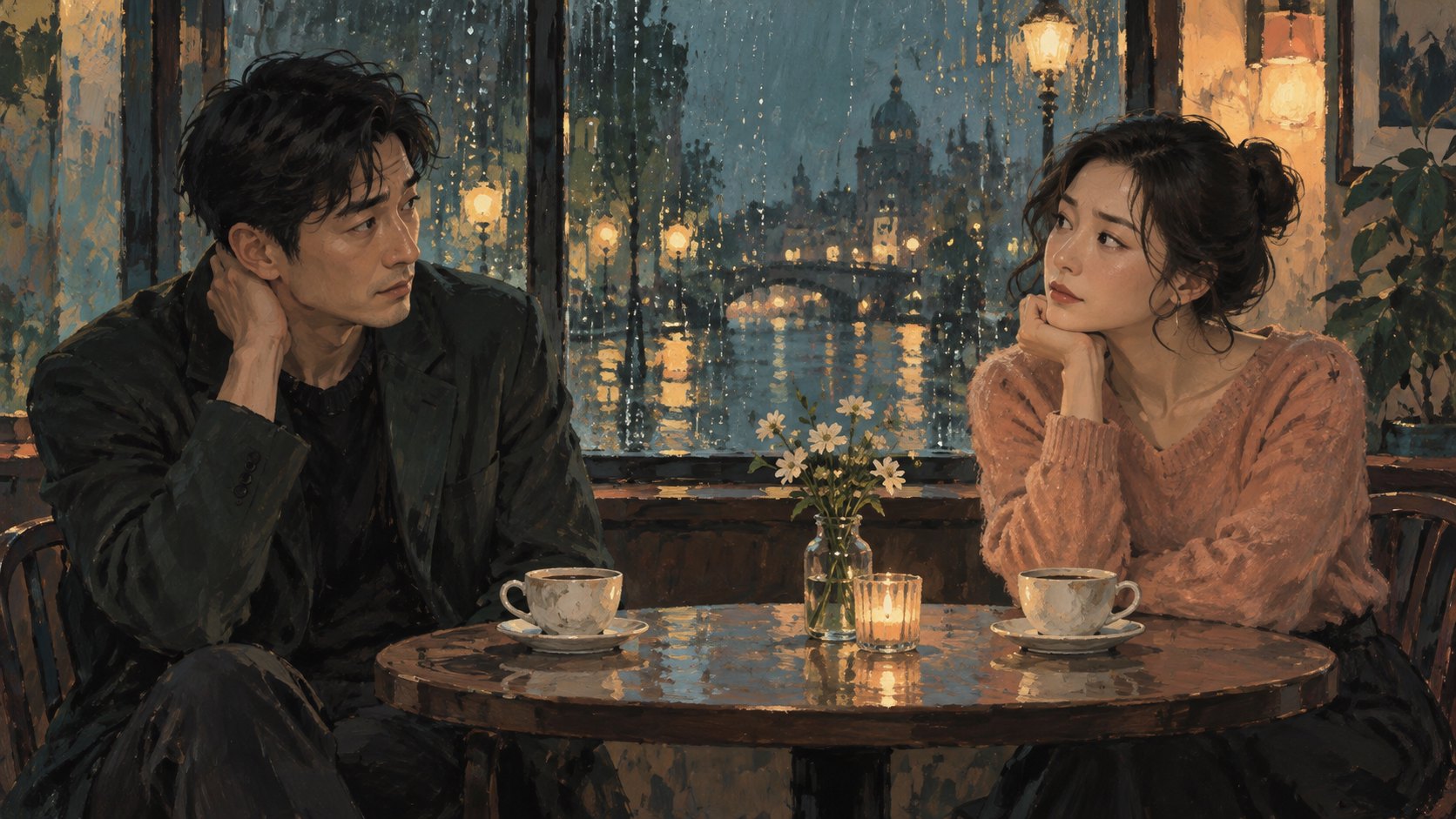 虛構男女在雨夜咖啡館相對而坐,以神情呈現說話與傾聽之間的張力,非電影劇情重現