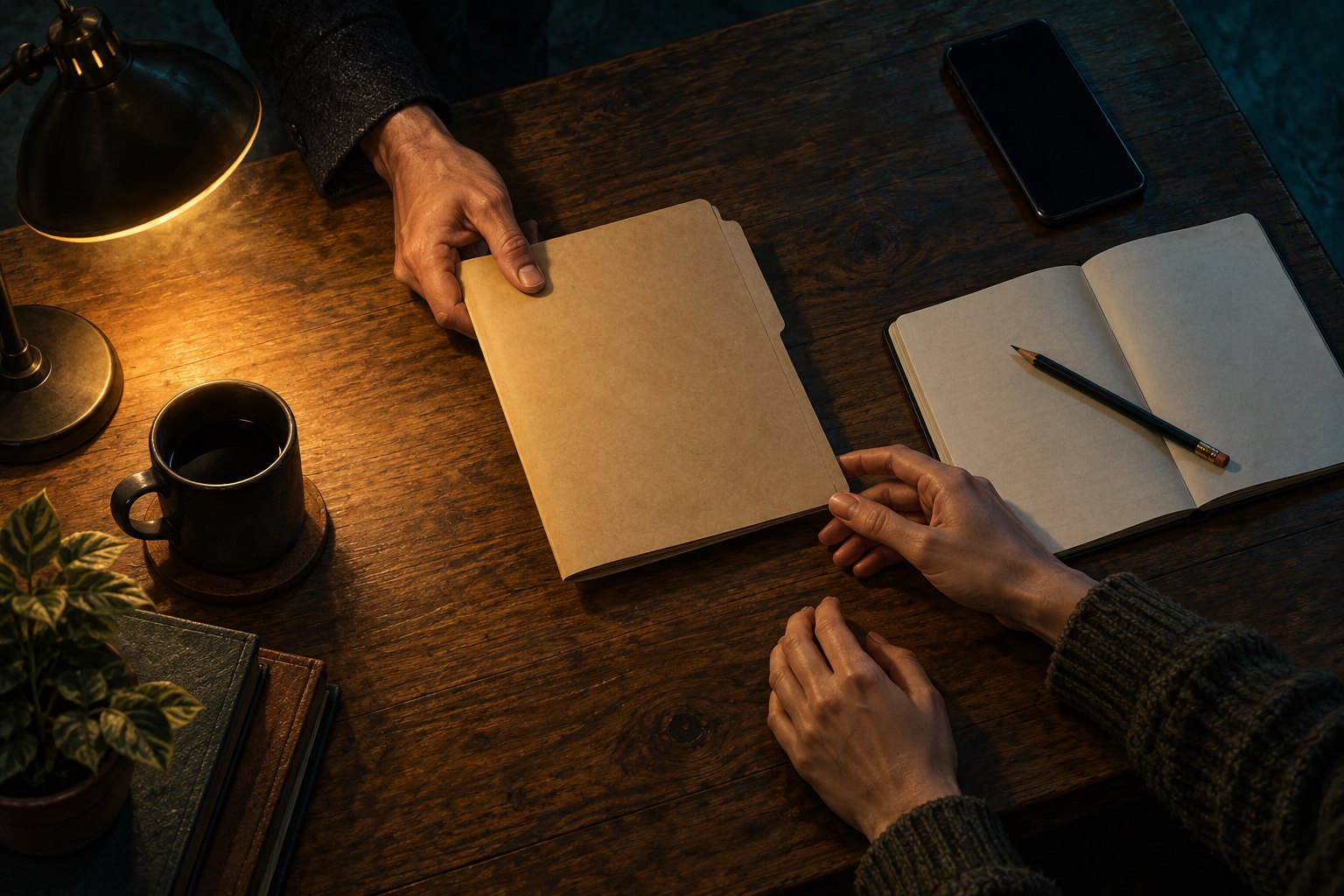 Conceptual illustration of two people passing a plain folder across a lamplit table beside a blank notebook and a dark phone.
