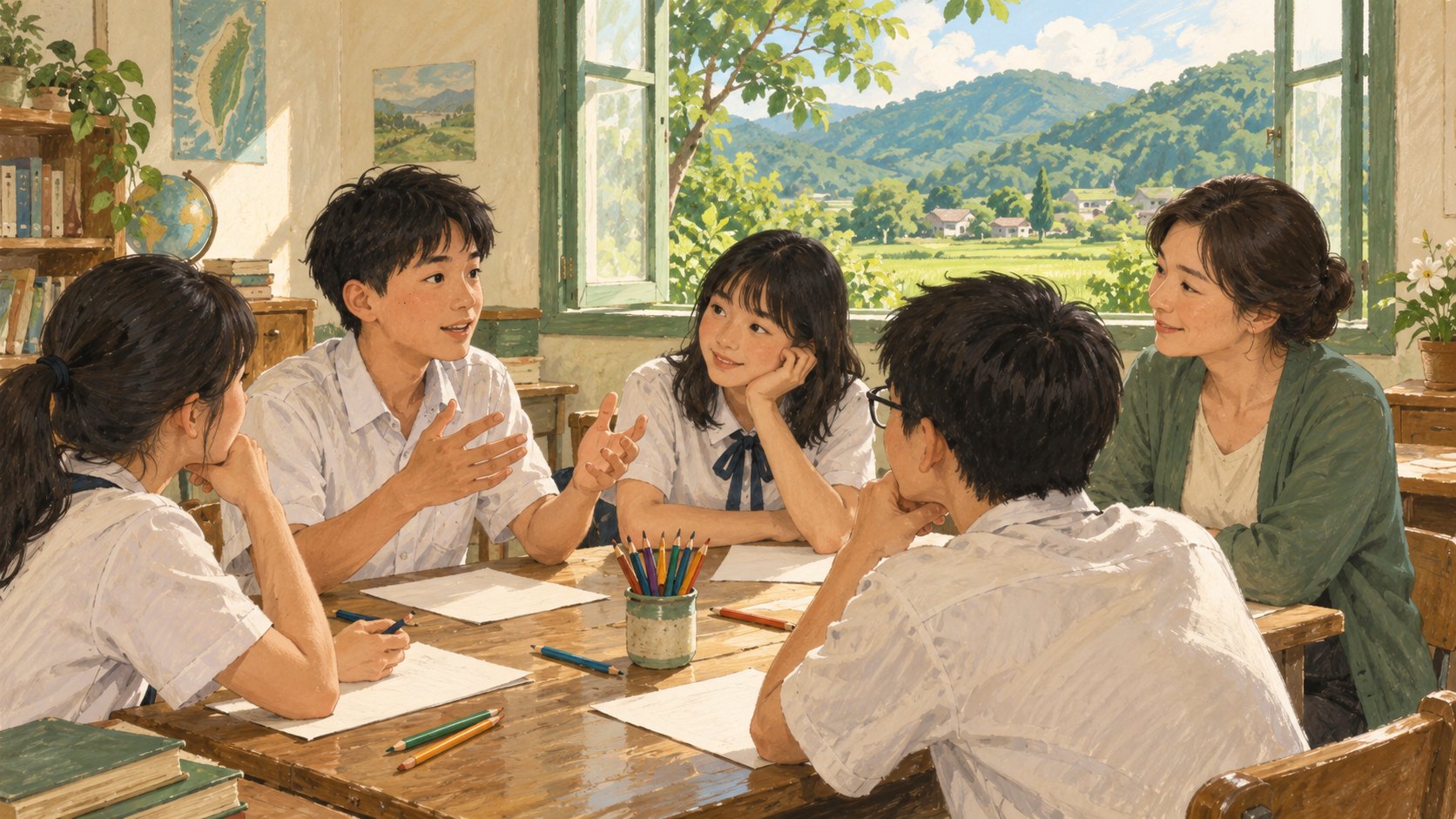 學生與教師在窗外可見青山的教室圍桌交流,為映後討論情境示意
