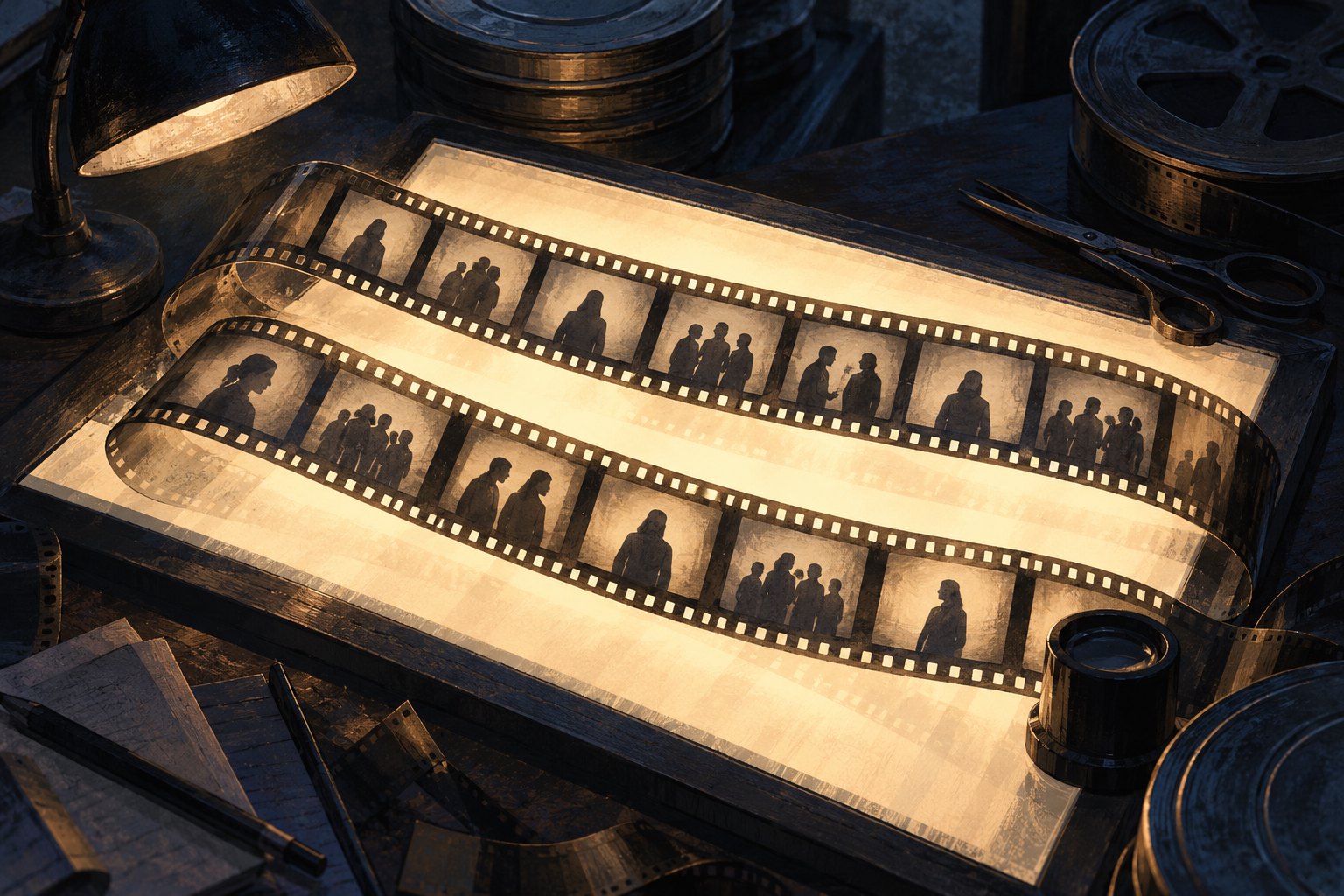 Conceptual illustration of film strips showing isolated and grouped human silhouettes on an illuminated editing table.