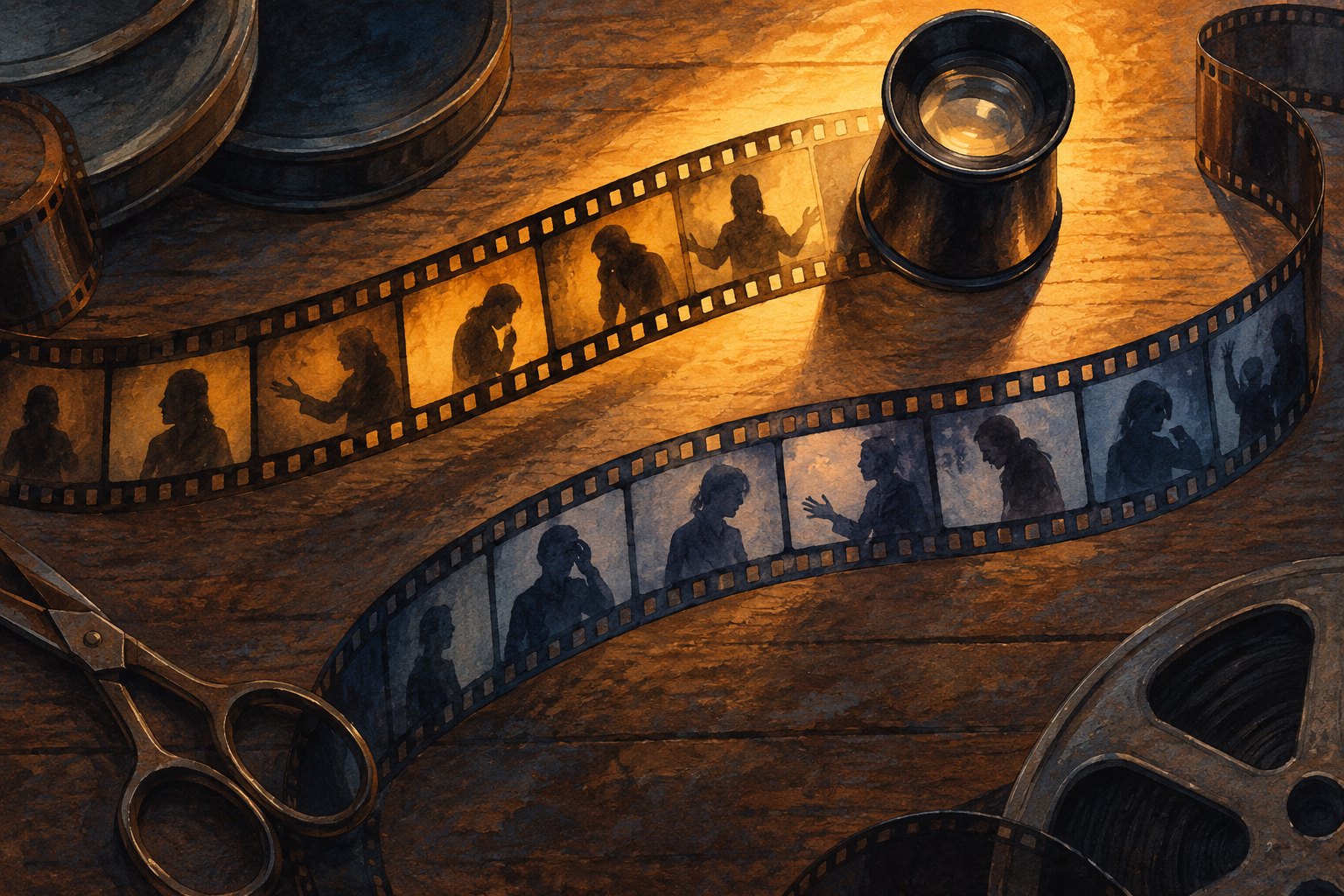 Conceptual illustration of film strips showing human silhouettes beside a magnifying loupe and scissors on an editing table.