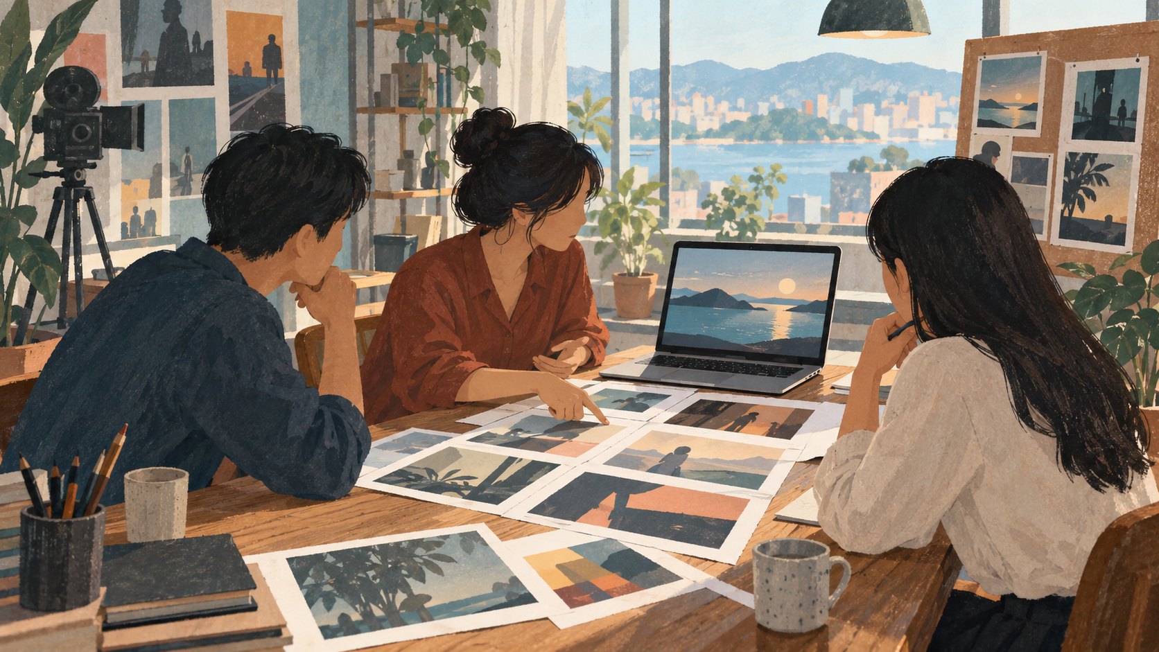 三名電影工作者圍桌討論分鏡與影像的市場洽談概念插畫，非活動現場紀錄