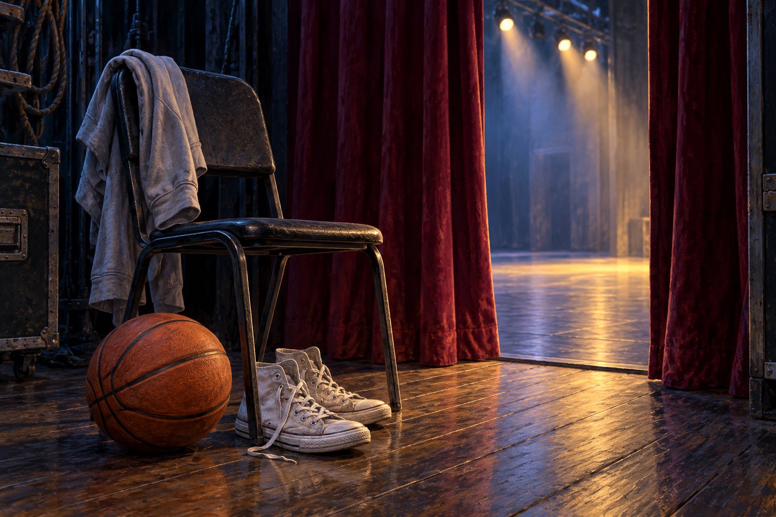 A basketball and canvas sneakers sit beside a rehearsal chair and burgundy curtains overlooking an empty stage.
