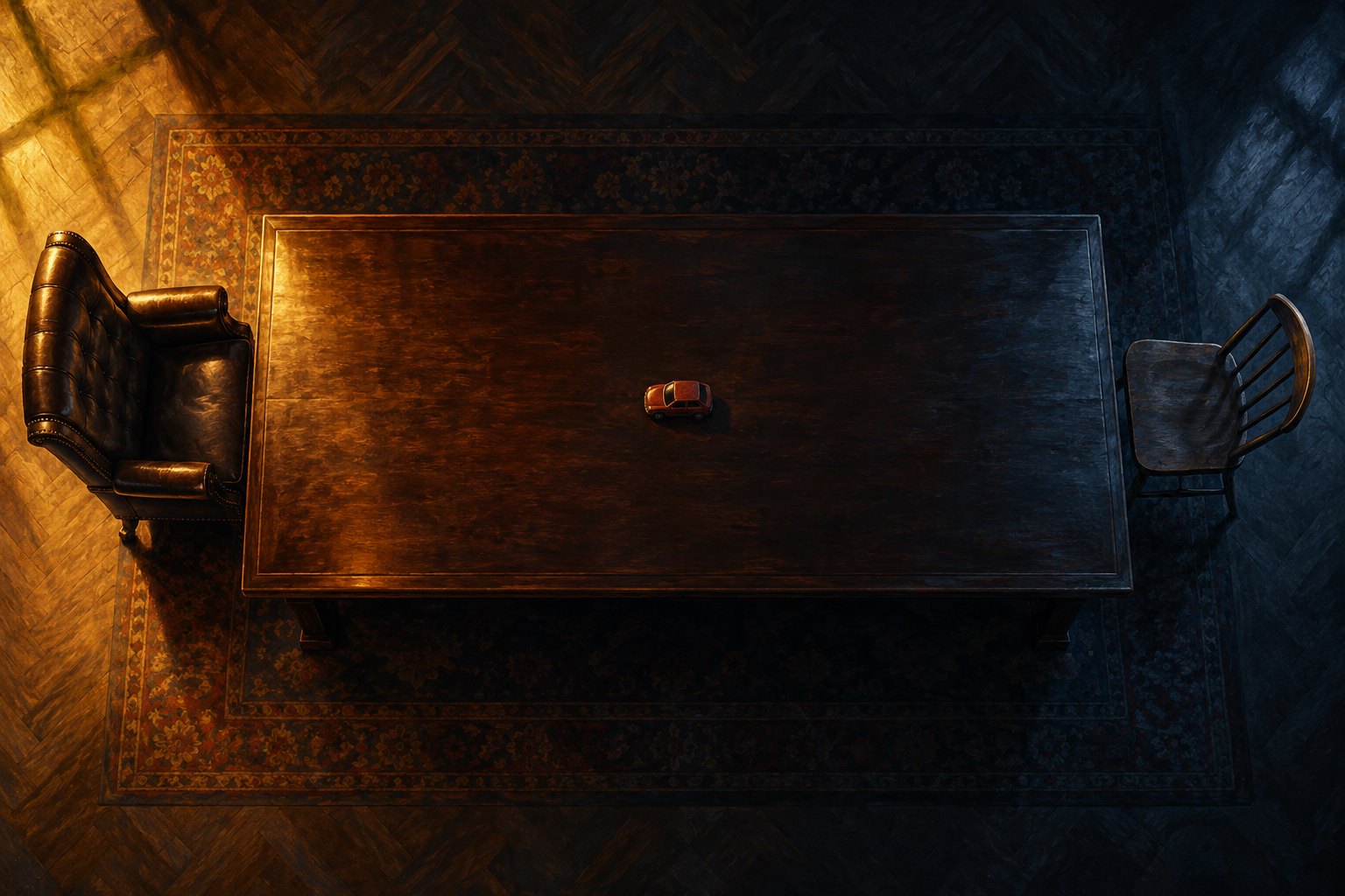 Conceptual illustration of a toy car between an executive chair and a plain wooden chair at opposite ends of a long table.